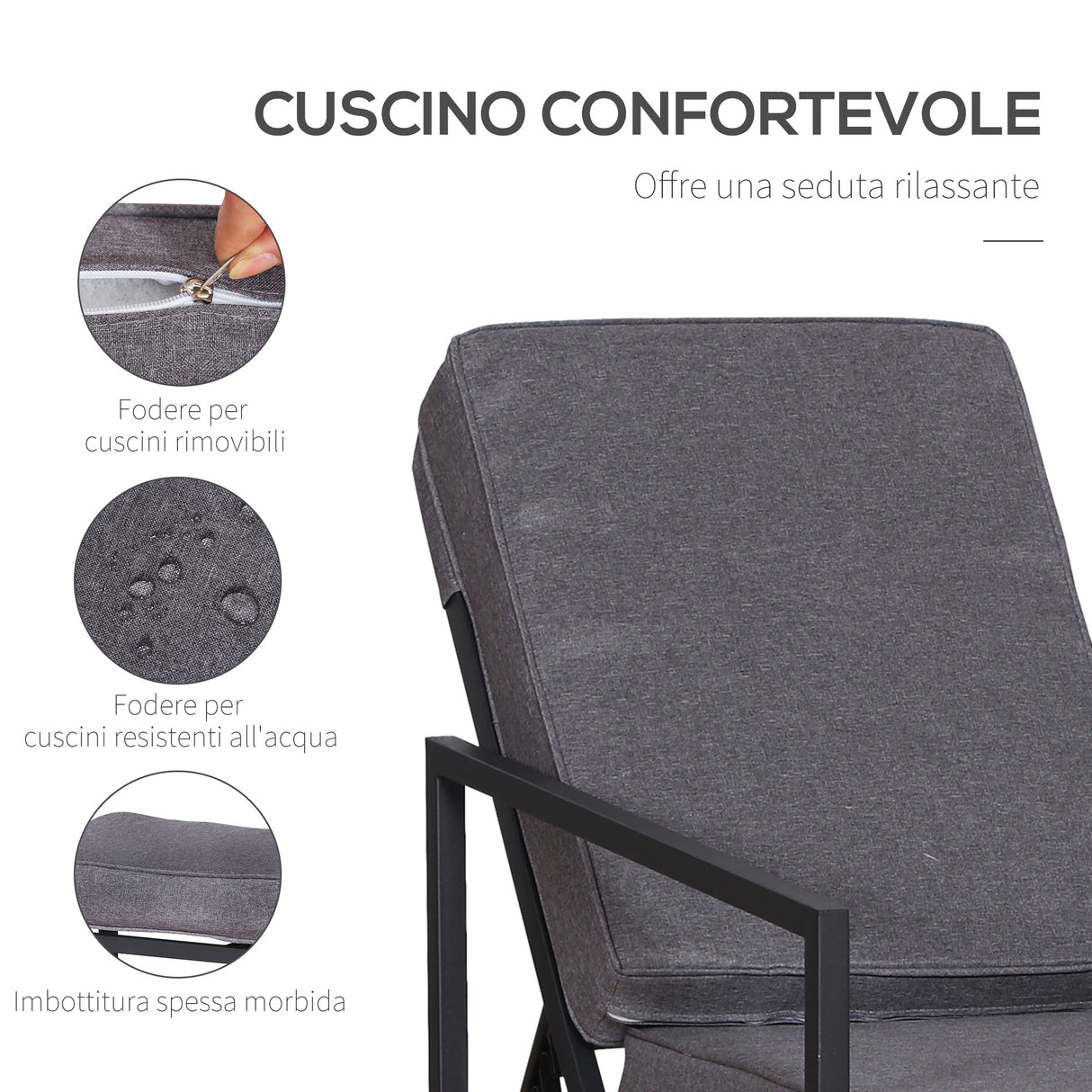 easycomfort easycomfort set 2 sdraio con poggiapiedi cuscini e tavolino in metallo e poliestere grigio e nero