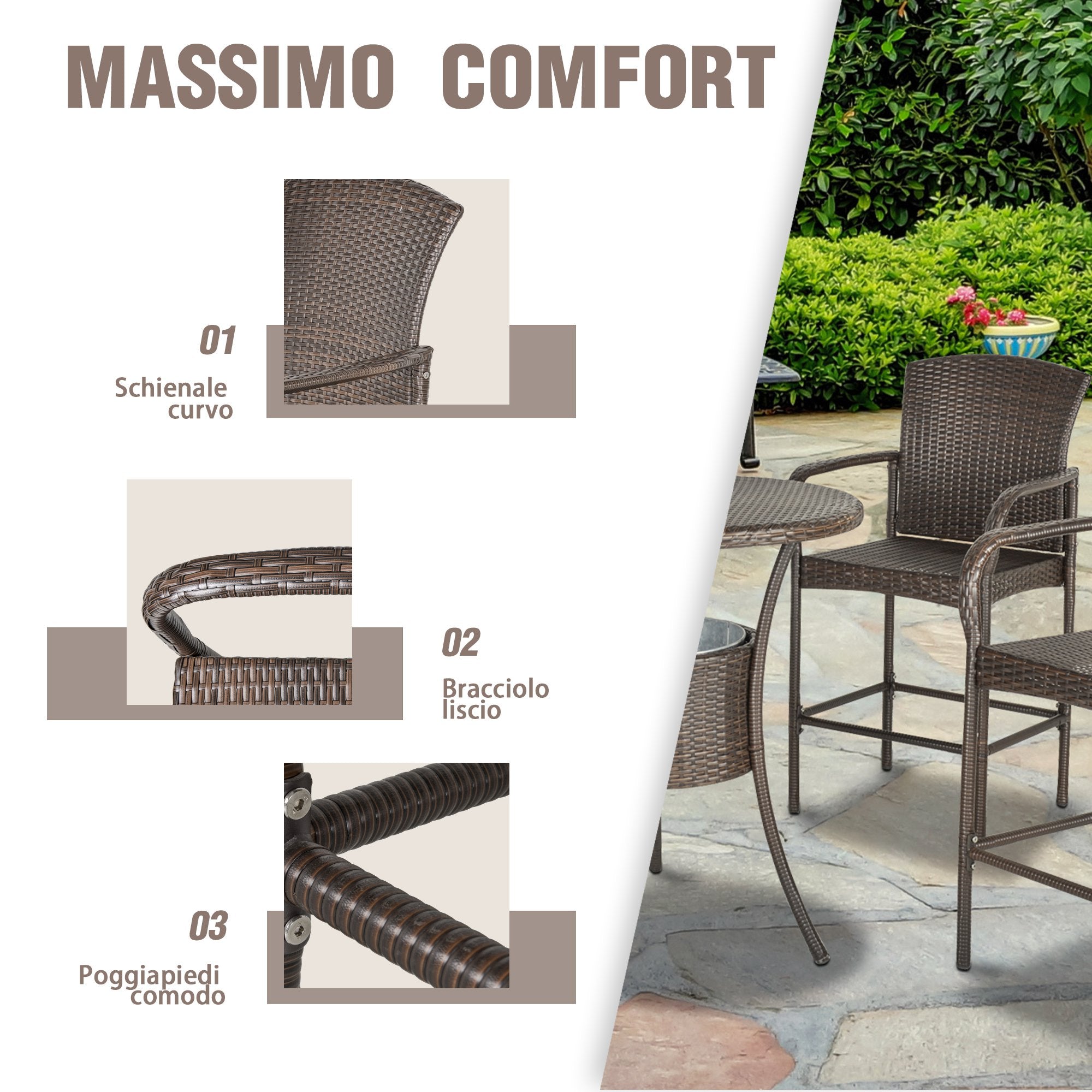 EASYCOMFORT Set 5 Pezzi Tavolino e 4 Sedie Alte in Rattan Sintetico e  Acciaio