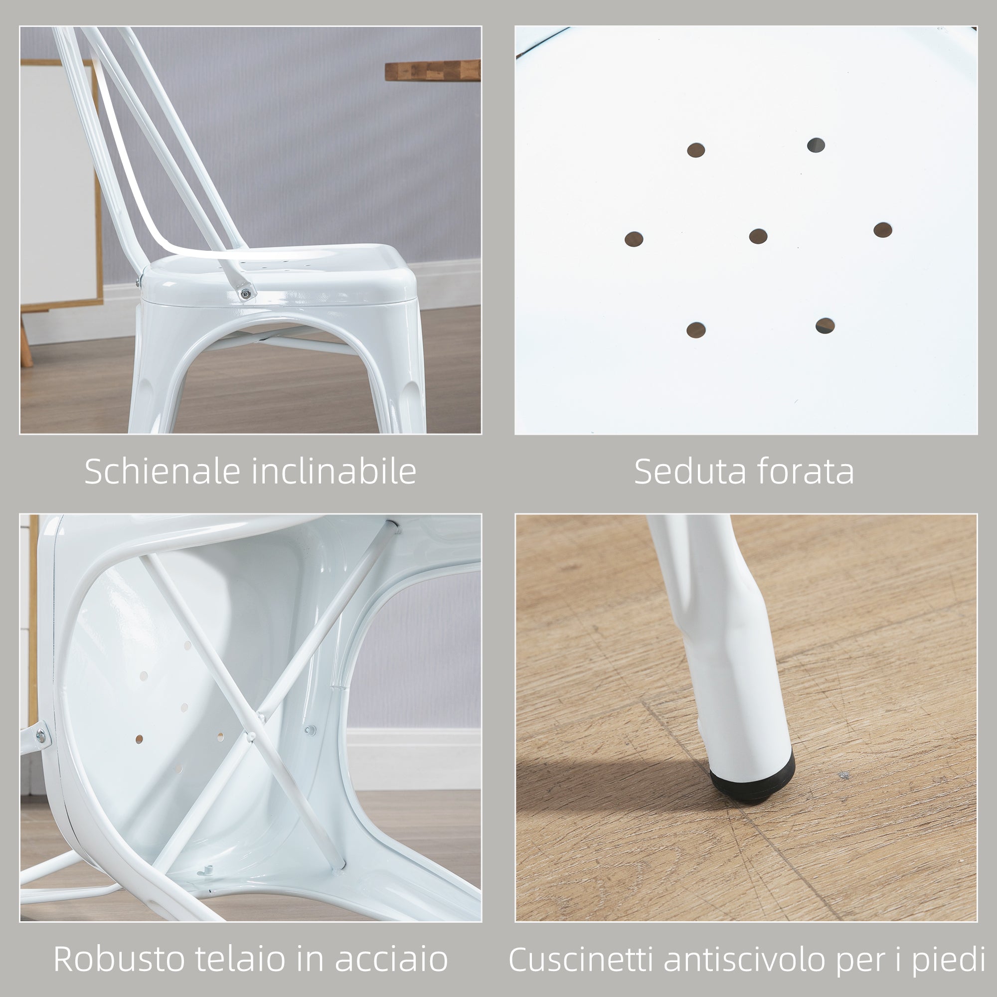 EASYCOMFORT Set da 4 Sedie da Cucina Impilabili dallo Stile Industriale in  Acciaio, 45x53x85 cm, Bianco