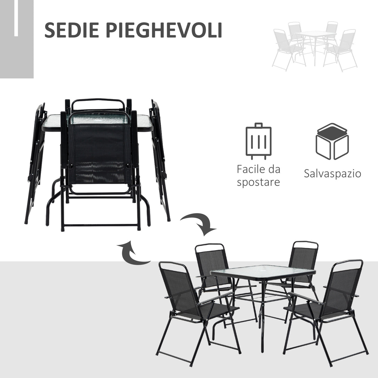 easycomfort easycomfort set da giardino 5 pezzi con 4 sedie pieghevoli e tavolo in metallo e vetro temperato nero