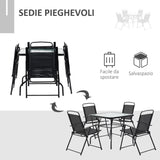 easycomfort easycomfort set da giardino 5 pezzi con 4 sedie pieghevoli e tavolo in metallo e vetro temperato nero