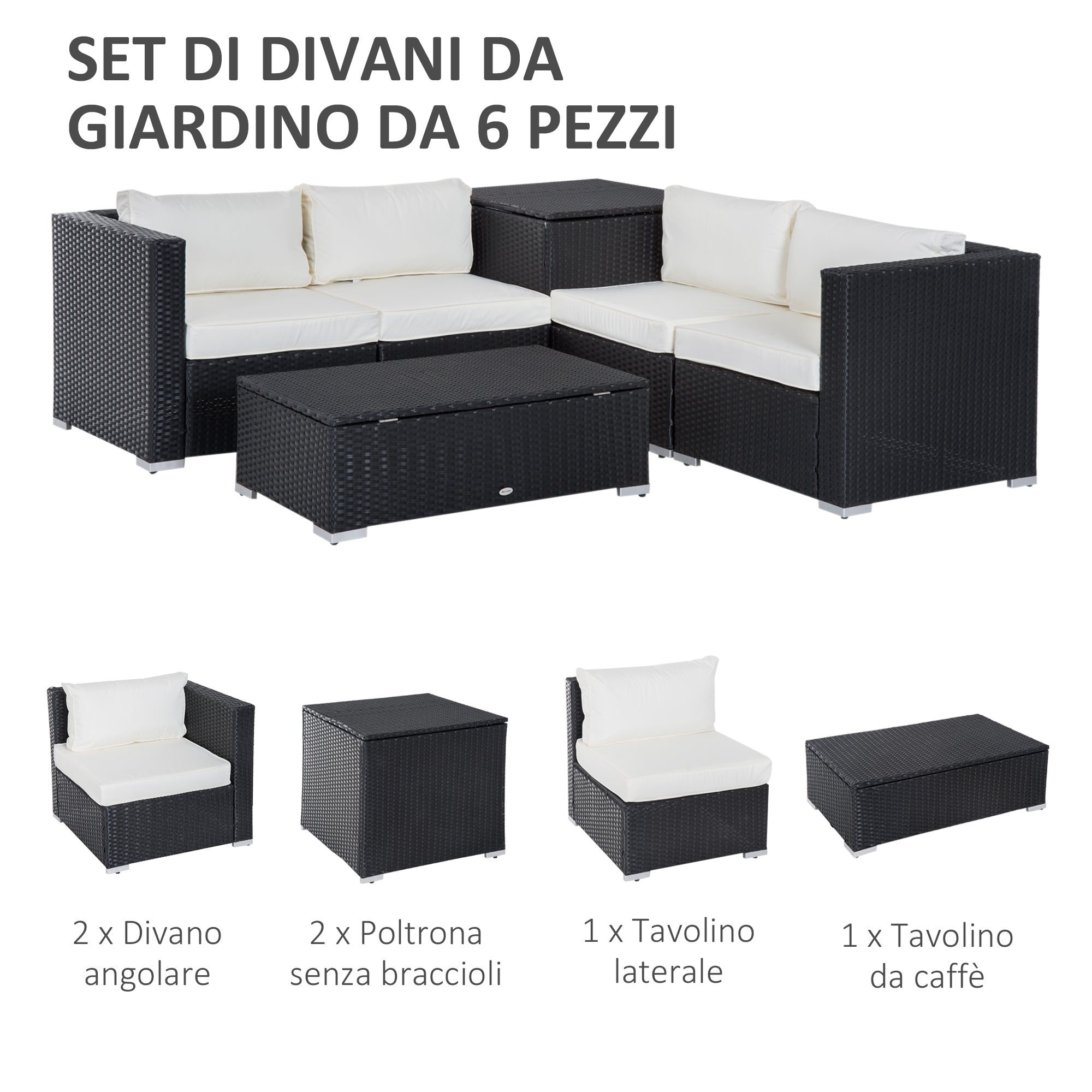 EASYCOMFORT Set da Giardino 6 Pezzi, 4 Poltrone con Cuscini e 2 Tavolini  Contenitore in Rattan PE, Nero e Crema