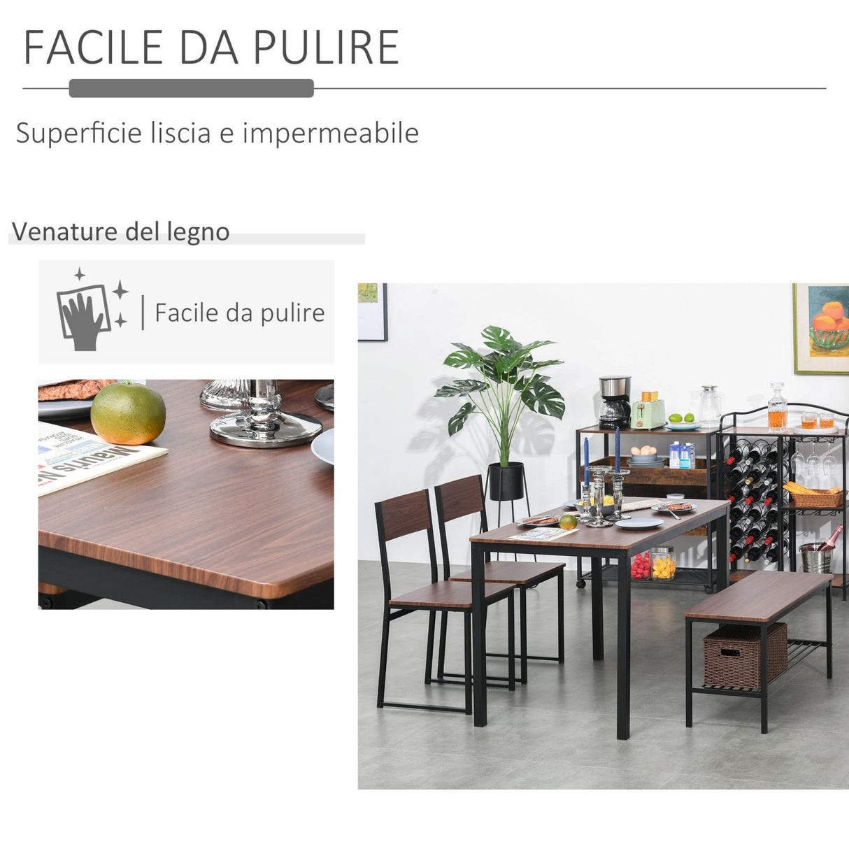 easycomfort easycomfort set tavolo con panca 2 posti e 2 sedie stile industriale in legno e metallo per soggiorno e cucina nero e marrone ean 8055776914534