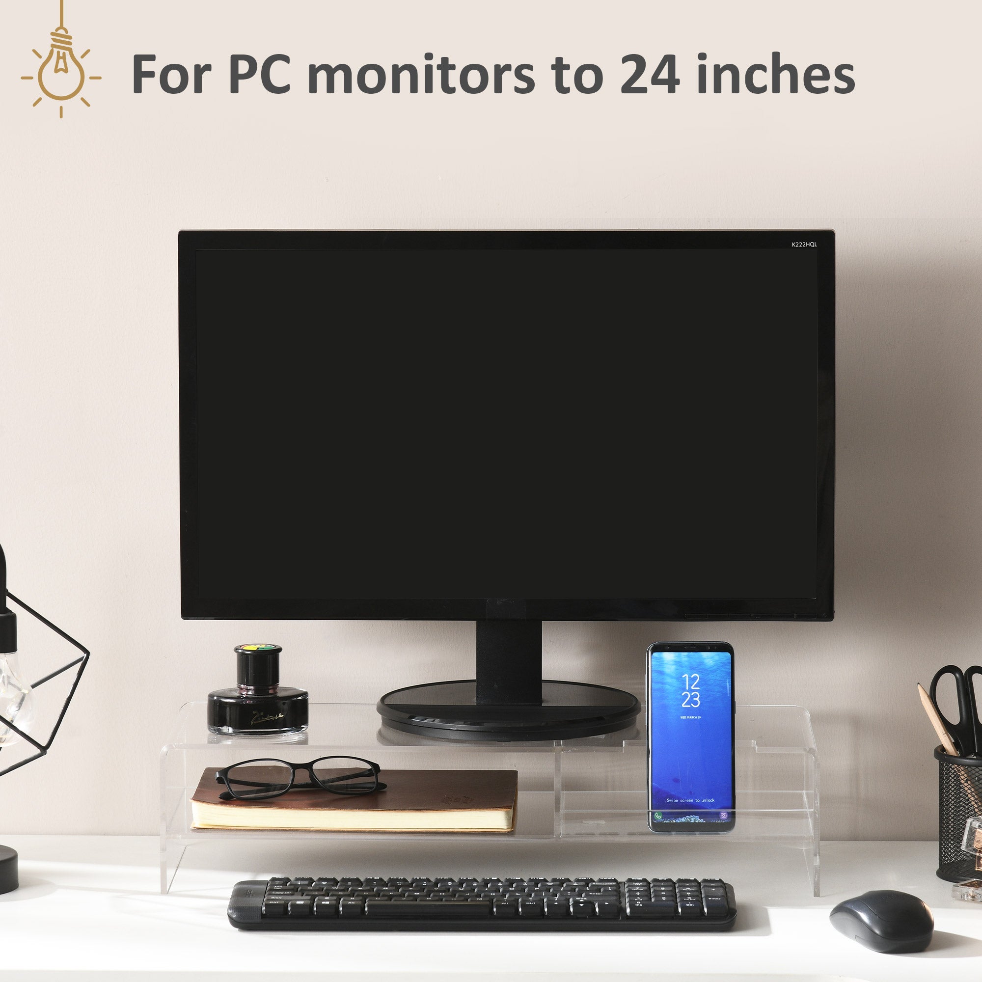 EASYCOMFORT Supporto Monitor PC 24 max con 2 Ripiani Aperti, in Acrilico  Trasparente, 50.8x19x12 cm