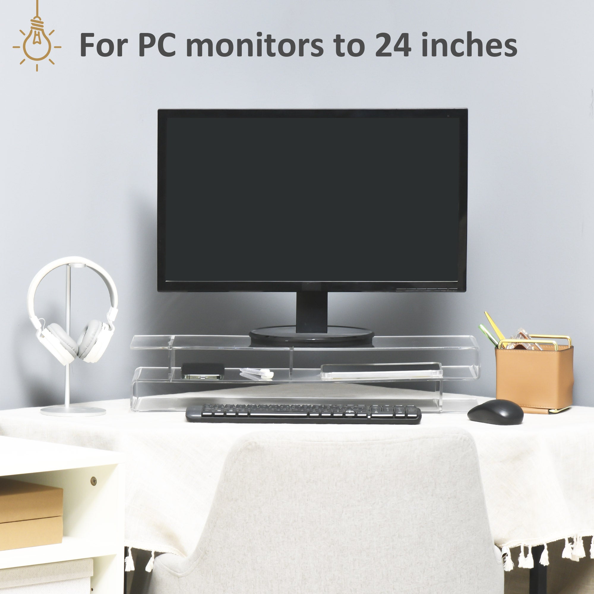 EASYCOMFORT Supporto per Monitor PC in Acrilico con Scomparti Centrali,  57x19x11.5cm, Trasparente