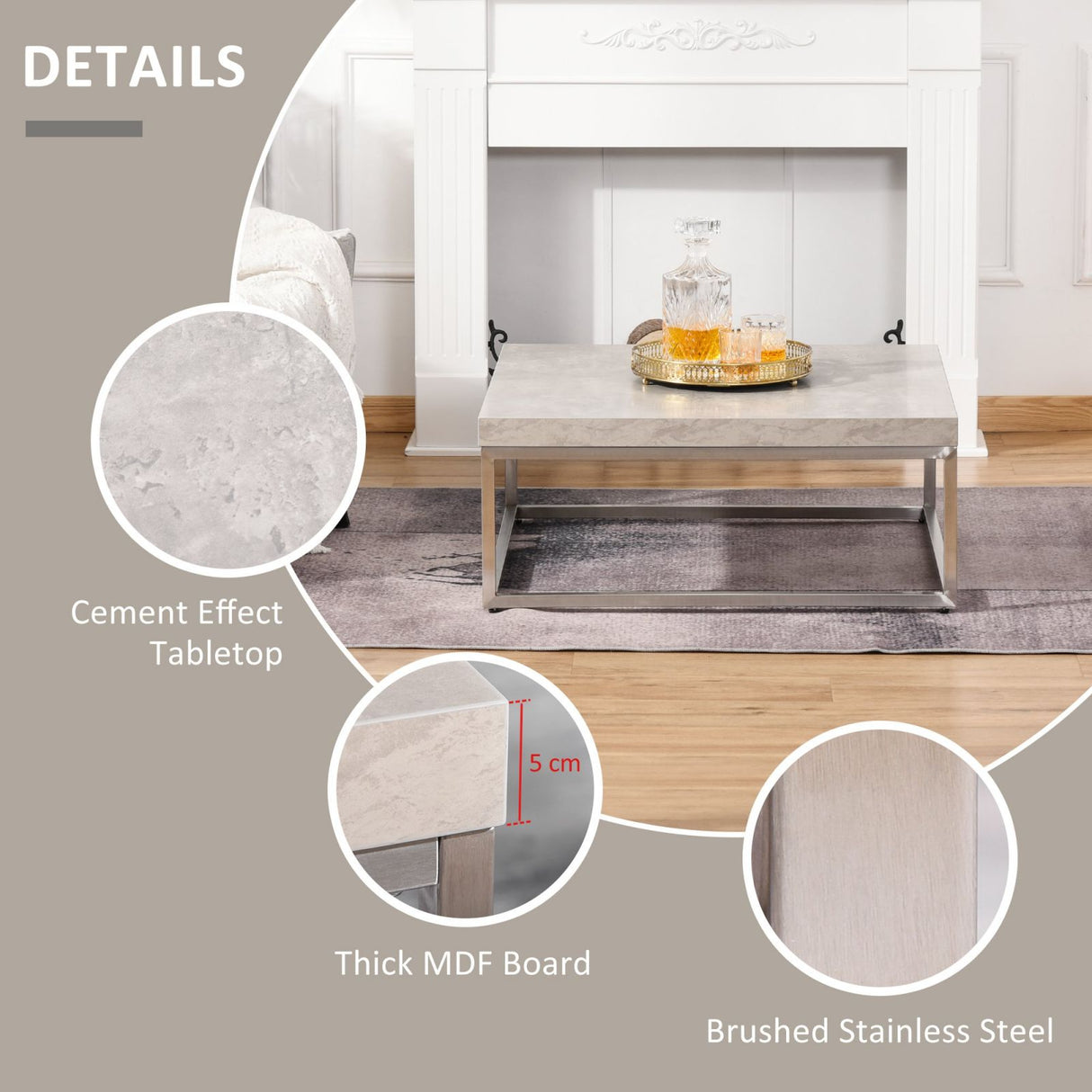 easycomfort easycomfort tavolino da caffe basso effetto cemento stile industriale in acciaio e mdf 80x80x34cm grigio