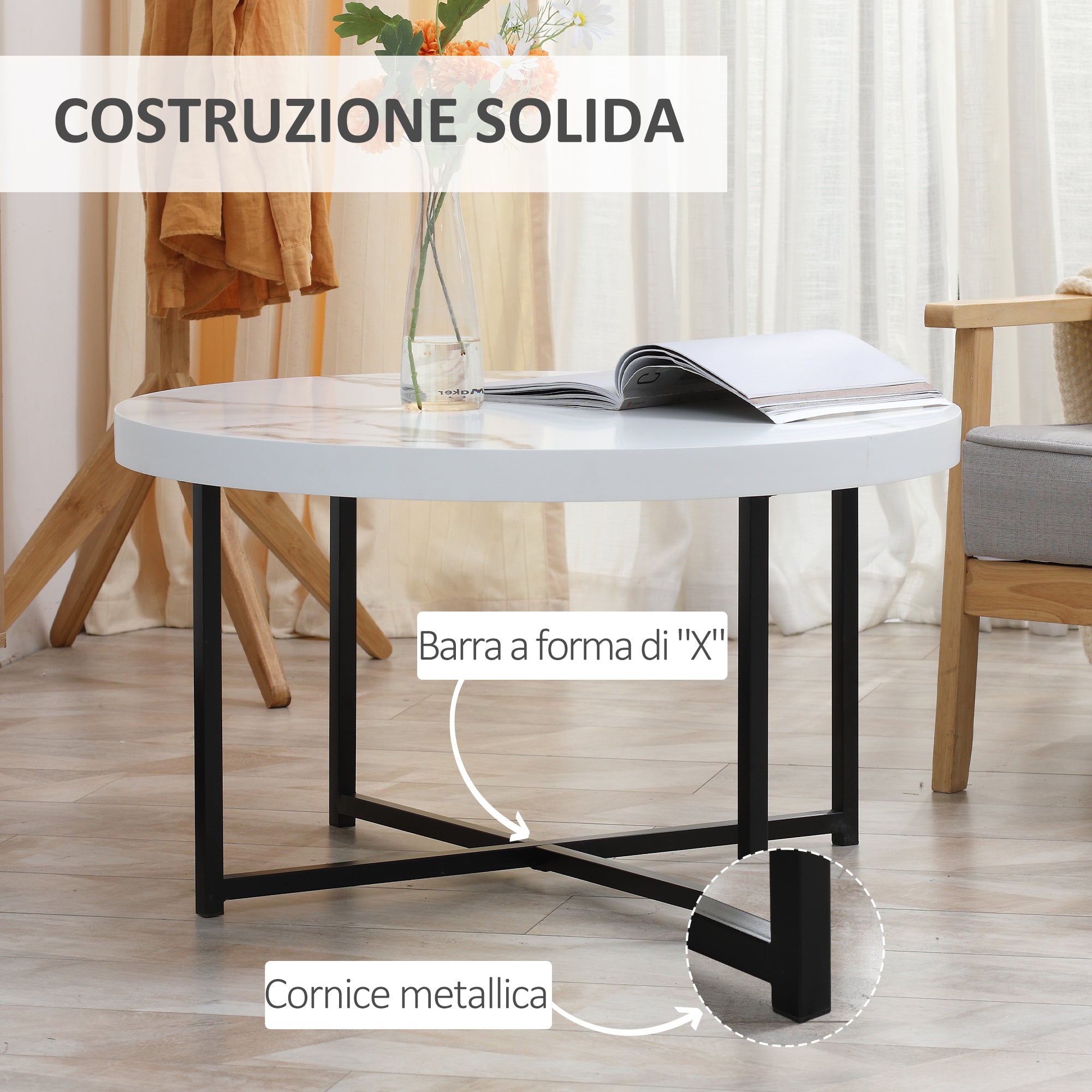 EASYCOMFORT Tavolino da Caffè Rotondo con Piano Effetto Marmo in