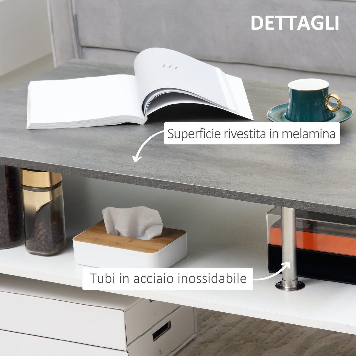 easycomfort easycomfort tavolino da salotto moderno a 2 livelli in truciolato e acciaio inox 90x60x42 cm bianco e cemento