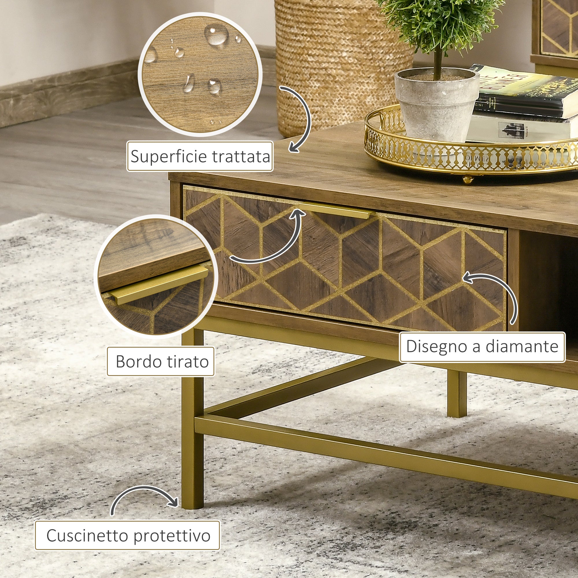 EASYCOMFORT Tavolino da Salotto Rettangolare Classico con Ripiano