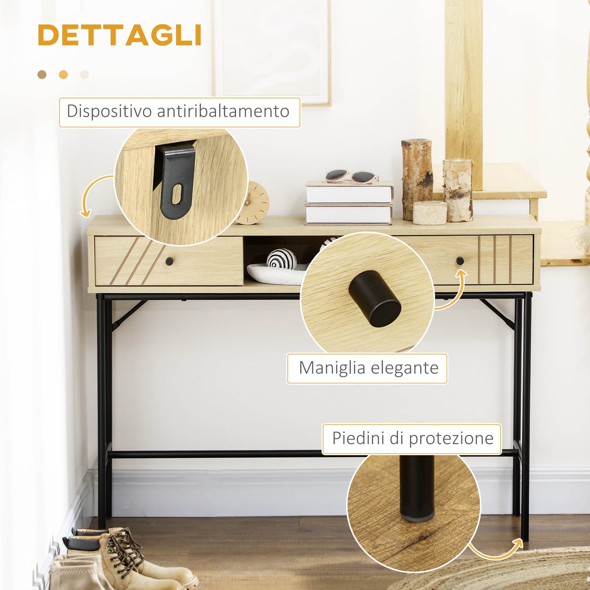 EASYCOMFORT Tavolo Consolle in Legno e Metallo Stile Industriale con 2  Cassetti, 110x29.5x78cm Naturale