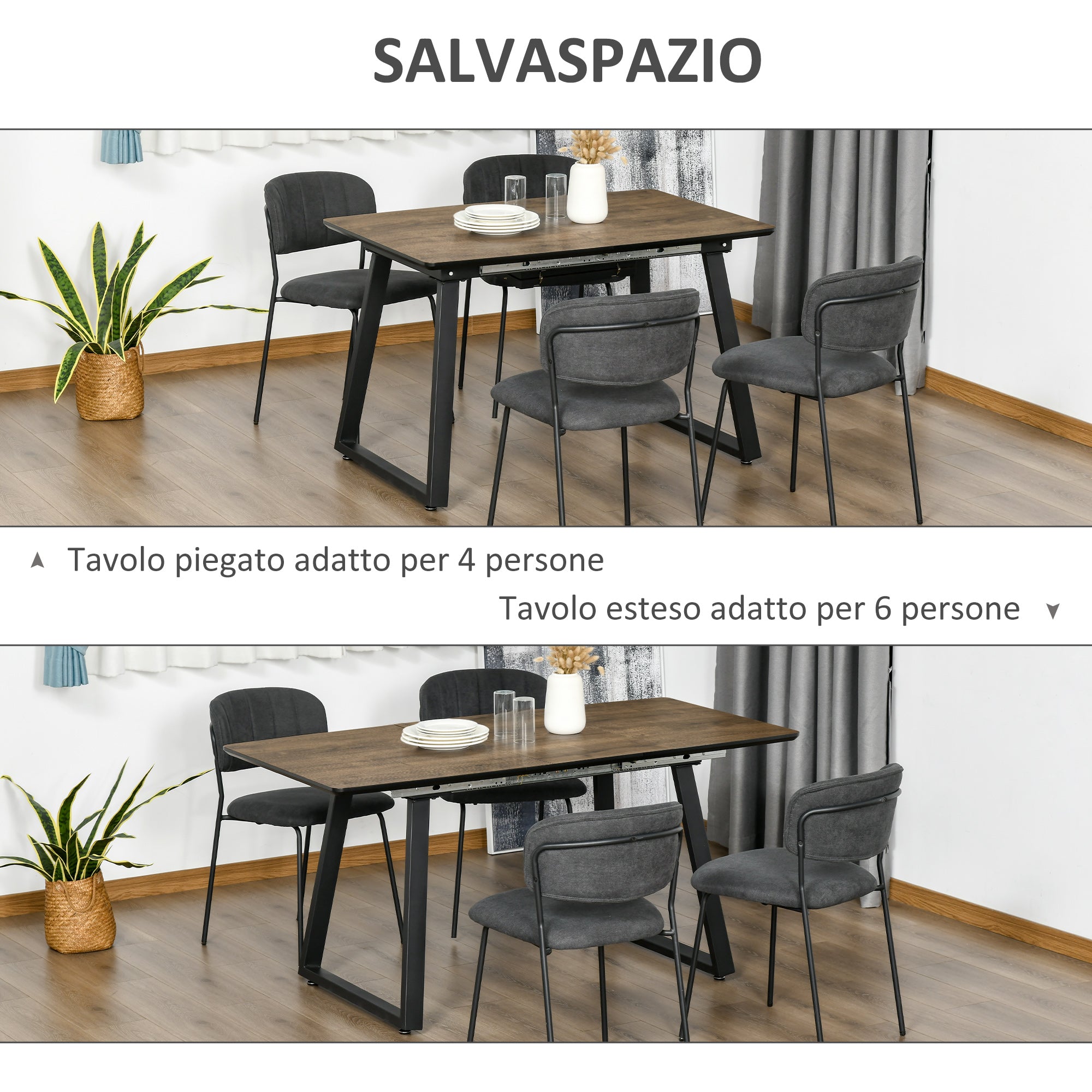 EASYCOMFORT Tavolo da Pranzo Salvaspazio Allungabile per 4-6 Persone in MDF  e Metallo, 120-160x80x76 cm, color Legno