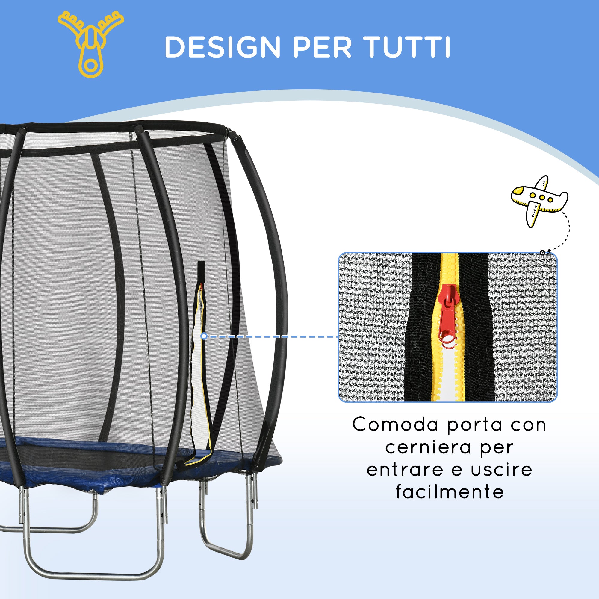 EASYCOMFORT Trampolino Elastico Fitness Blu a 36 Molle per Adulti e Bambini  con Rete di Protezione e 3 Gambe a U, Ø225x235 cm