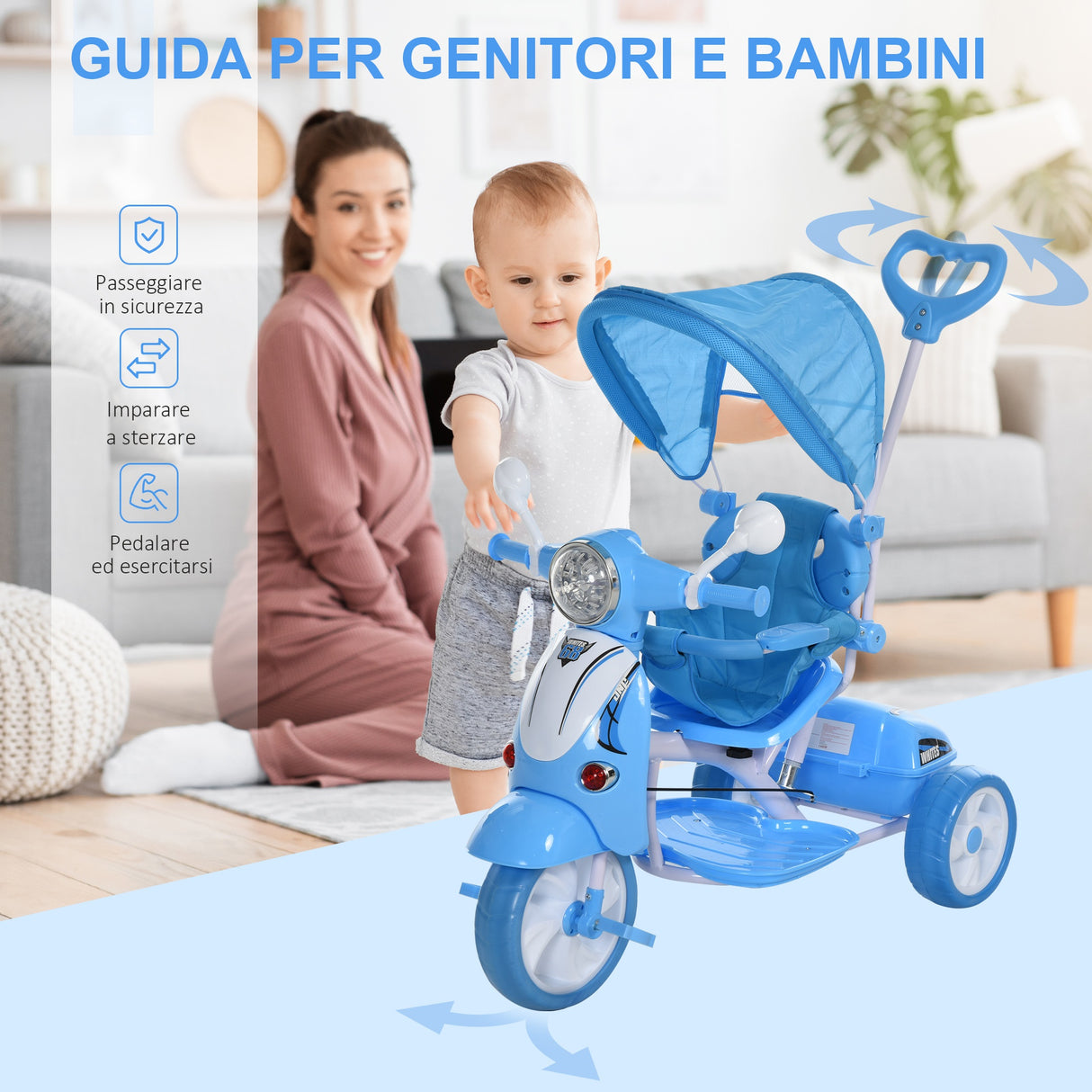 easycomfort easycomfort triciclo passeggino azzurro a forma di moto per bambini 18 72 mesi con tettuccio rimovibile