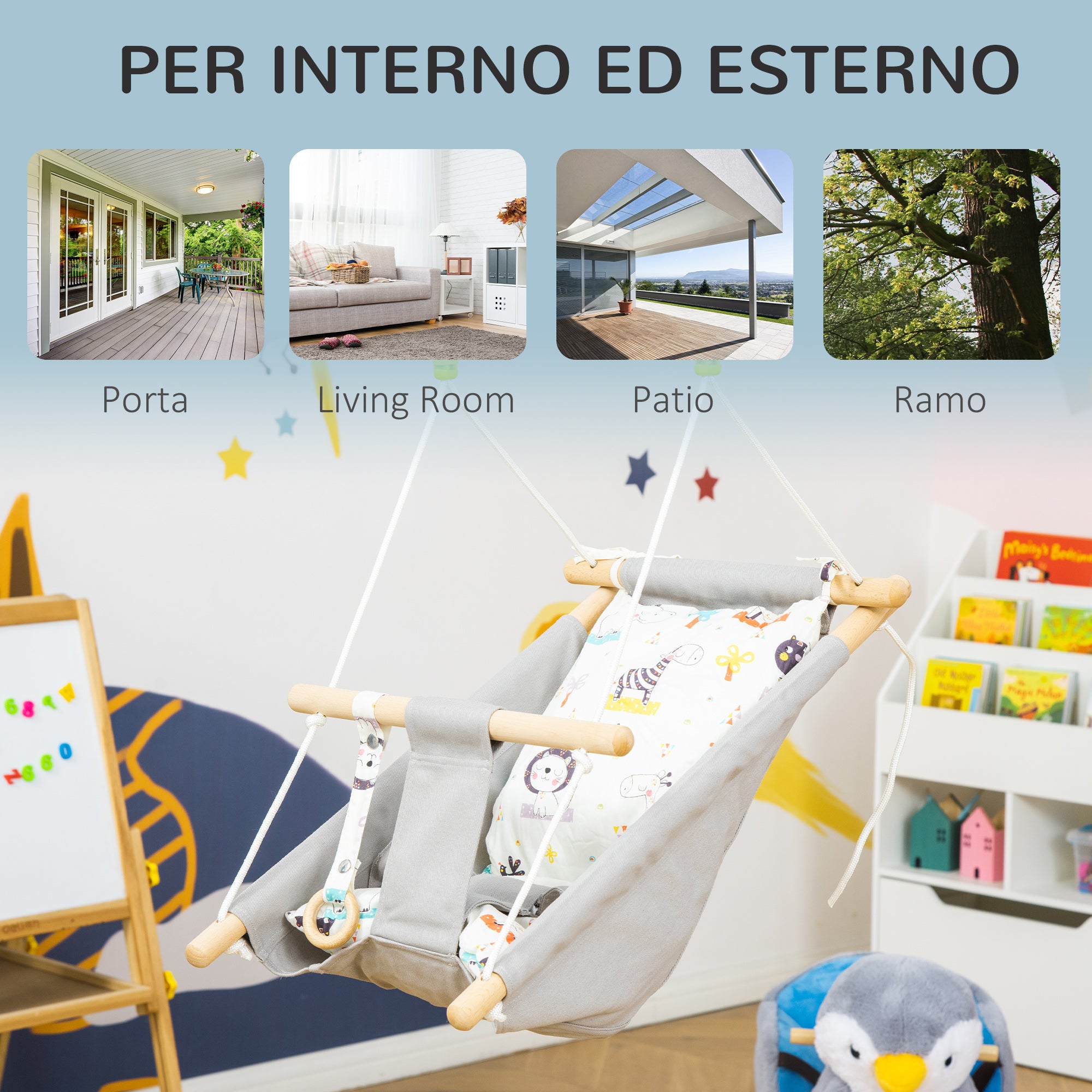 EASYCOMFORT Altalena per Bambini 9-36 Mesi in Legno e Cotone con Corda  Regolabile e Cuscino, 30x30x110-180 cm