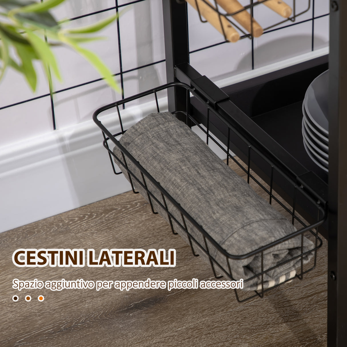 easycomfort easycomfort carrello da cucina a 3 livelli con 2 ruote cesto estraibile e vassoio 75x43 5x91 cm color legno e nero
