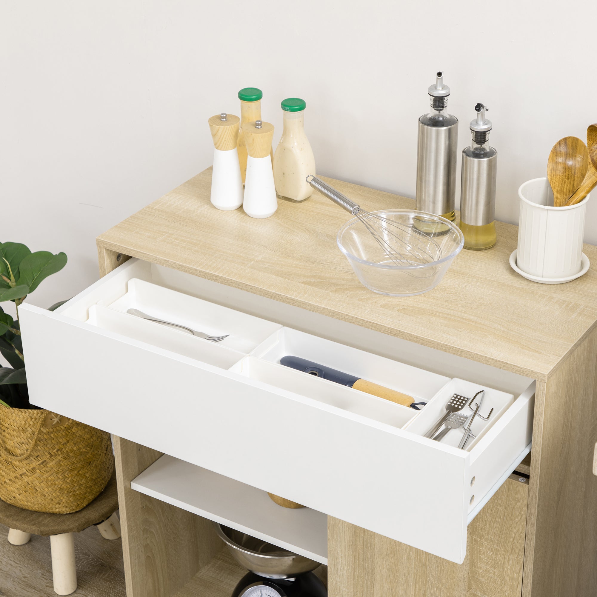 EASYCOMFORT Carrello da Cucina Portavivande con Cassetto, Ripiani e  Armadietto in Legno, Acciaio e Vetro, 65x39x80cm