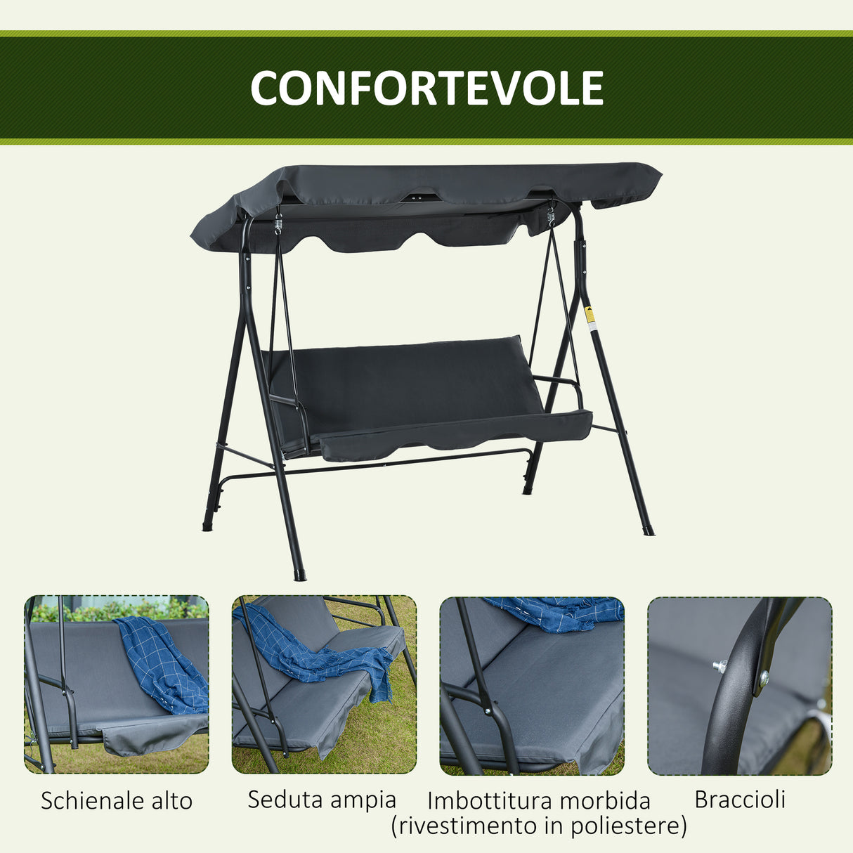 easycomfort easycomfort dondolo da giardino 3 posti con tettuccio parasole regolabile e cuscini 172lx120x153cm grigio