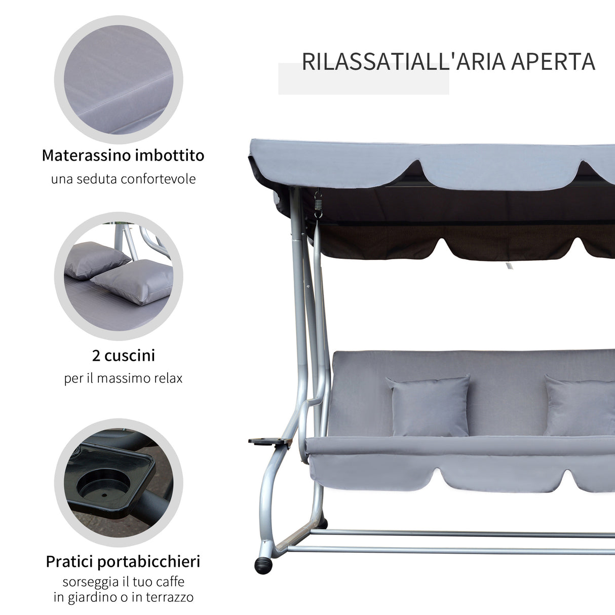 easycomfort easycomfort dondolo reclinabile 3 posti con tetto in poliestere grigio