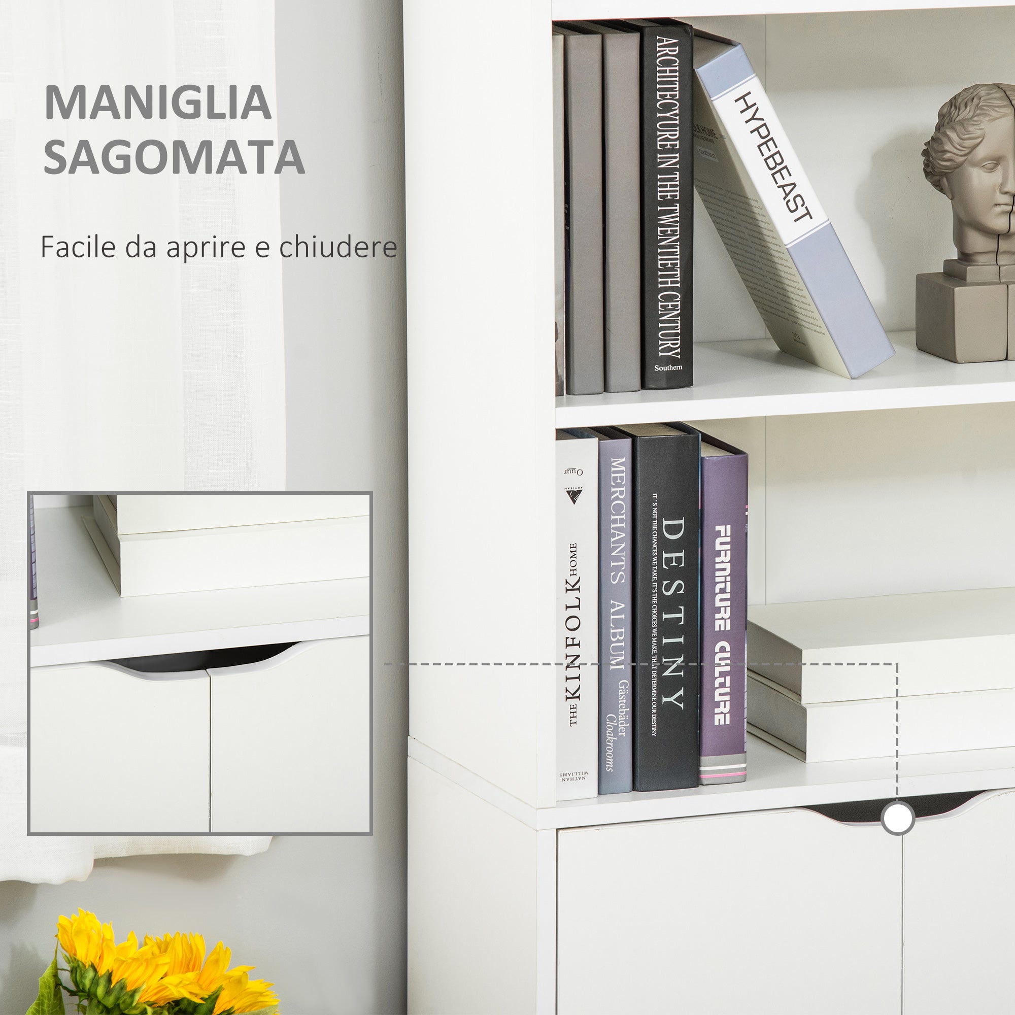 EASYCOMFORT Libreria Moderna 4 Ripiani con Armadietto a 2 Ante in Legno,  59x29x180cm, Bianca