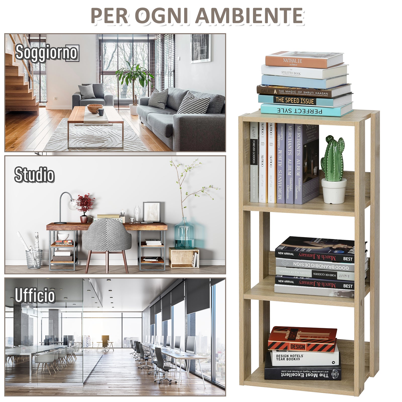 EASYCOMFORT Mobiletto Scaffale Libreria 3 Ripiani con Struttura in Acciaio  Bianco e Ripiani in Legno 44x35x72.5cm