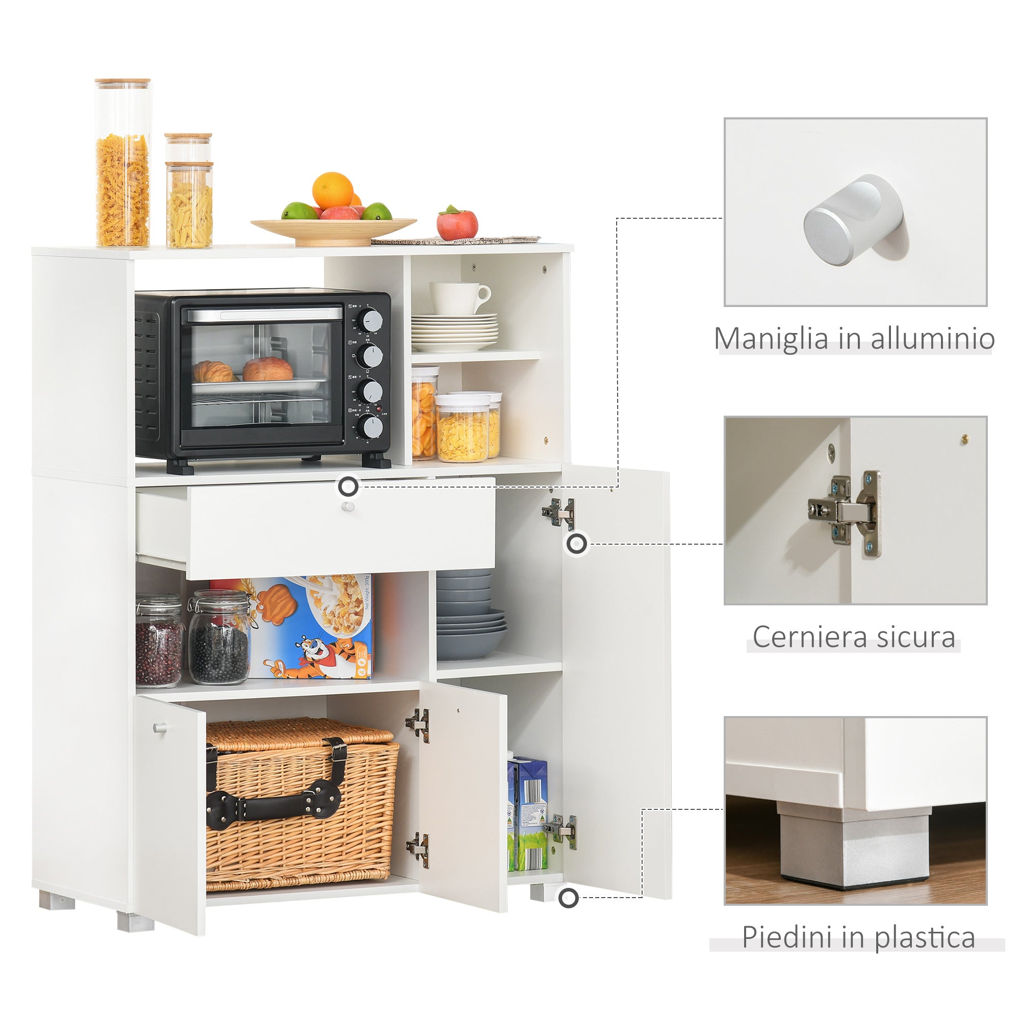 EASYCOMFORT Mobile Cucina per Microonde con Armadietti, Mensole e Cassetto,  Credenza Moderna in Legno 90x40x120cm Bianco