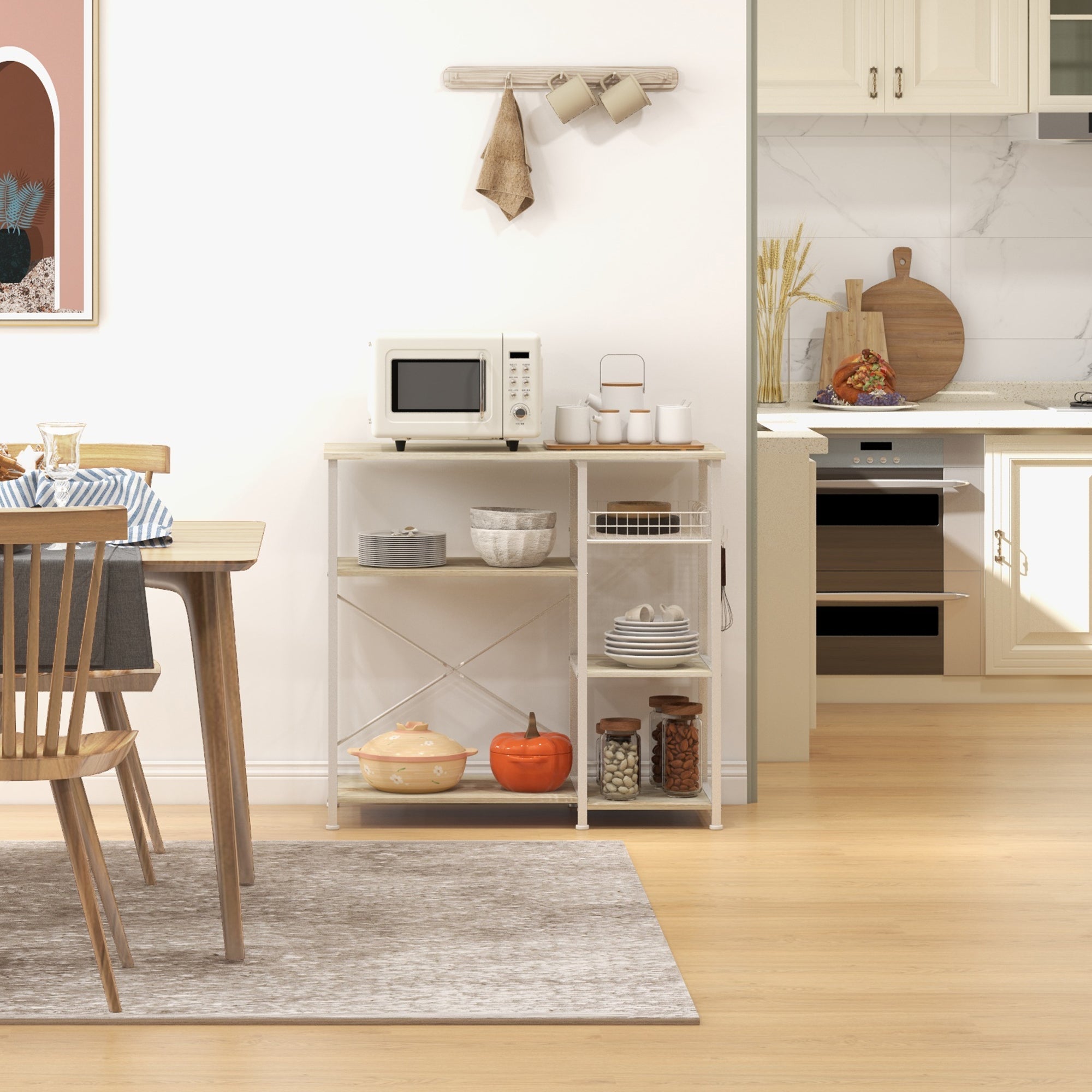EASYCOMFORT Mobile Cucina Moderno a 4 Ripiani con Cestino e Ganci in Legno  e Acciaio, 90x40x84.5cm, Quercia e Bianco