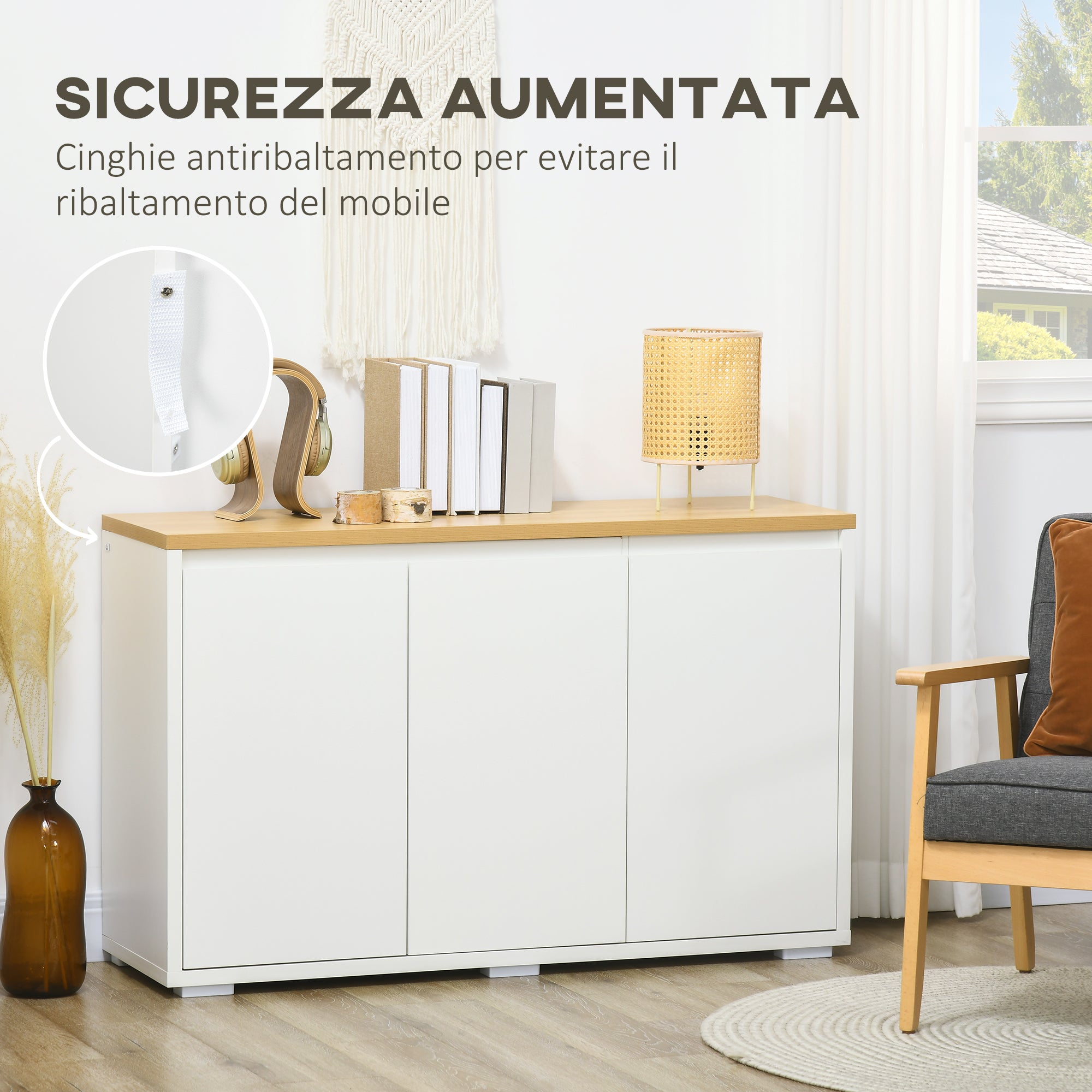 EASYCOMFORT Mobile Multiuso con 2 Armadietti a 2 Livelli in Truciolato,  Ripiano regolabile, 120x37x75cm Bianco e Color legno