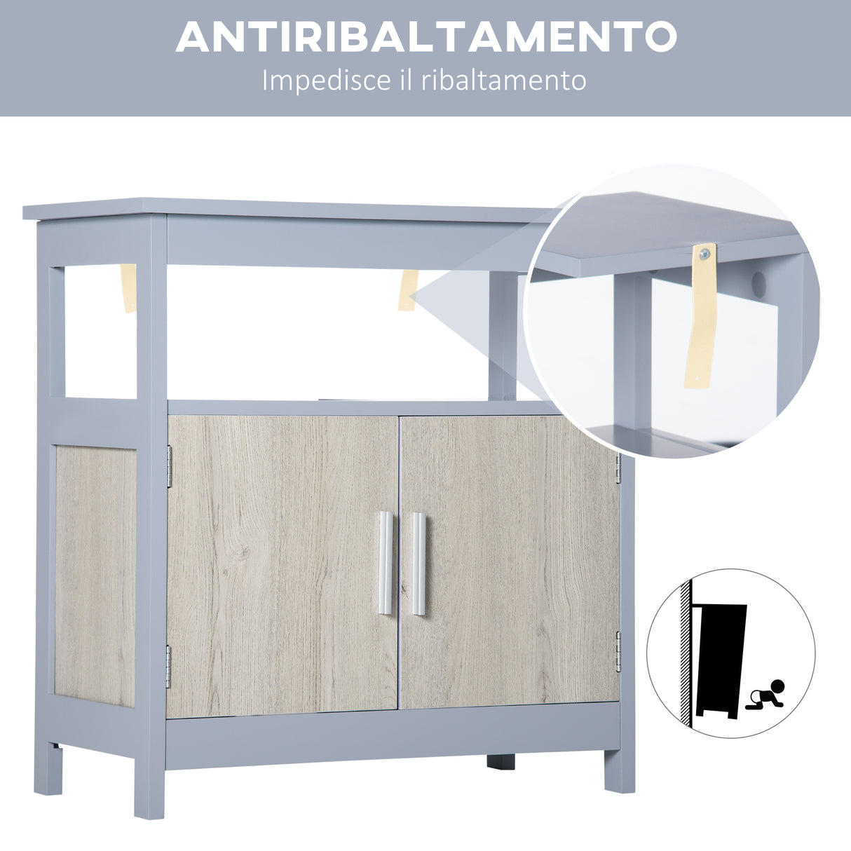 easycomfort easycomfort mobile sottolavabo bagno con armadietto e ripiano aperto 60x30x62cm grigio e legno naturale