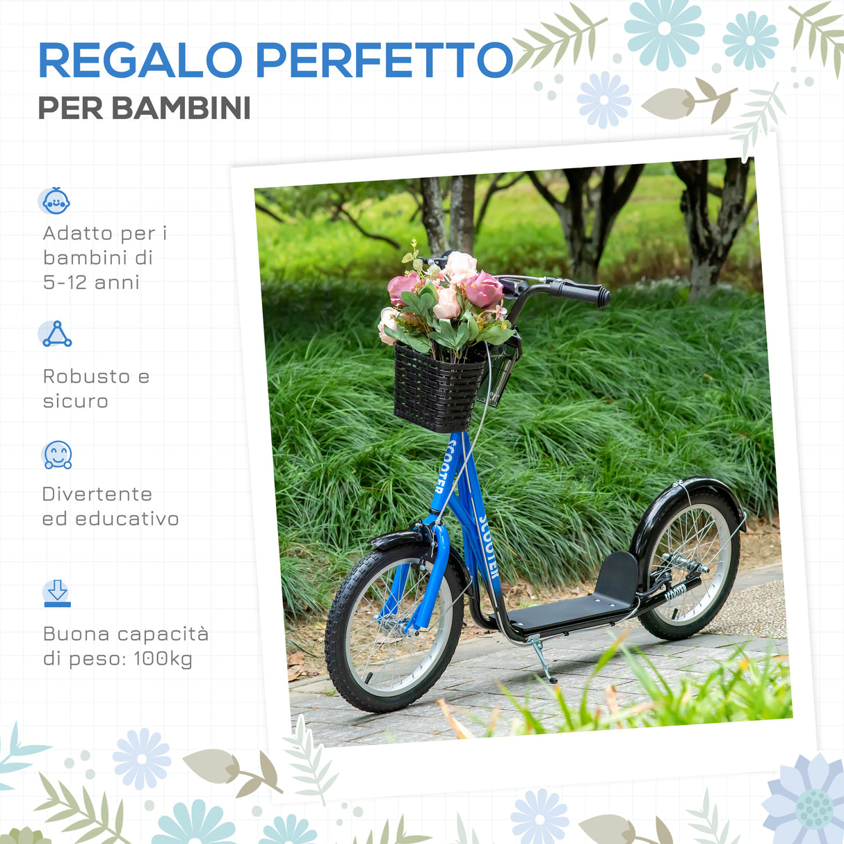 easycomfort easycomfort monopattino per bambini con ruote grandi 2 freni e manubrio regolabile cestino e porta borraccia blu