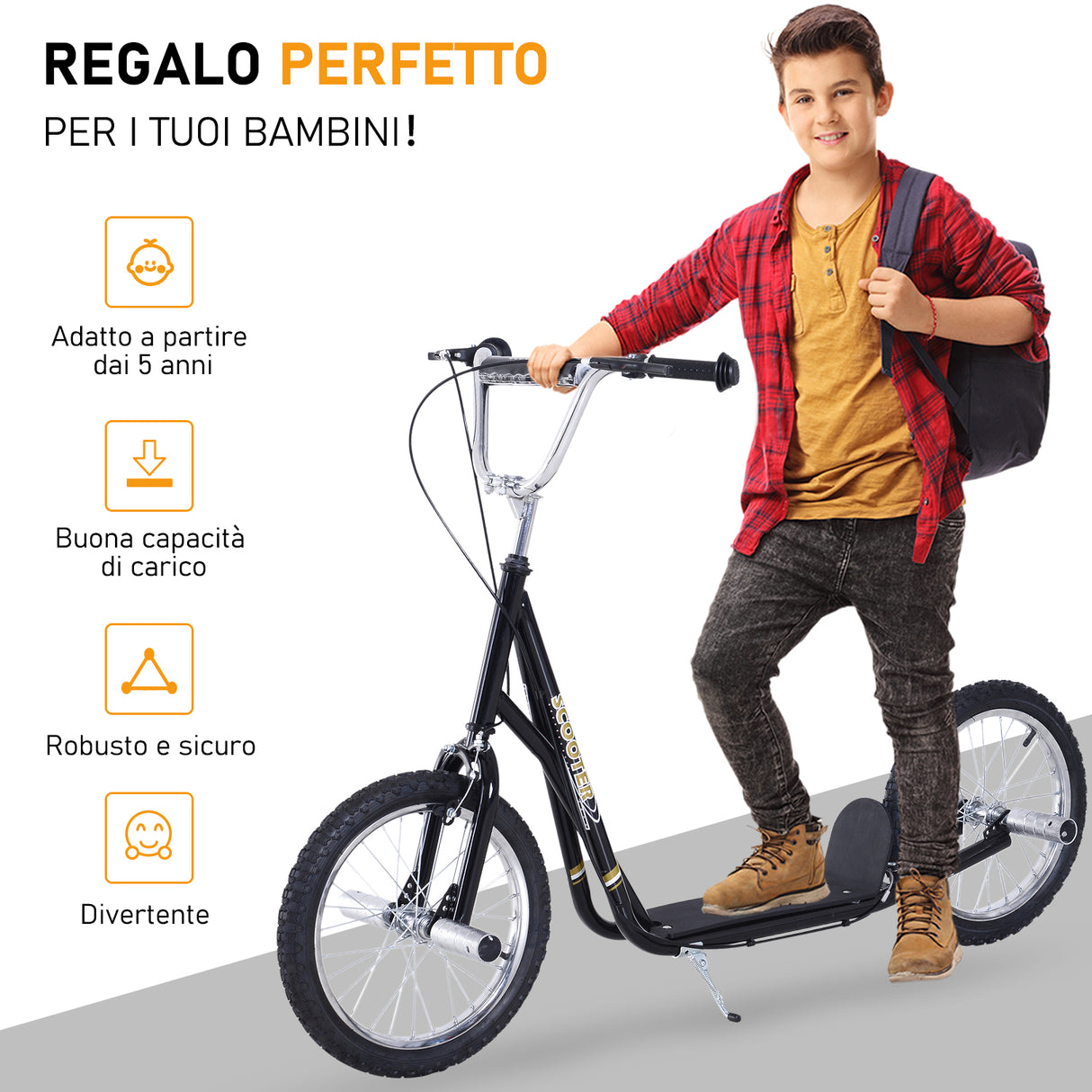 easycomfort easycomfort monopattino per bambini da 5 anni con ruote grandi da 16 e altezza regolabile freni e cavalletto nero