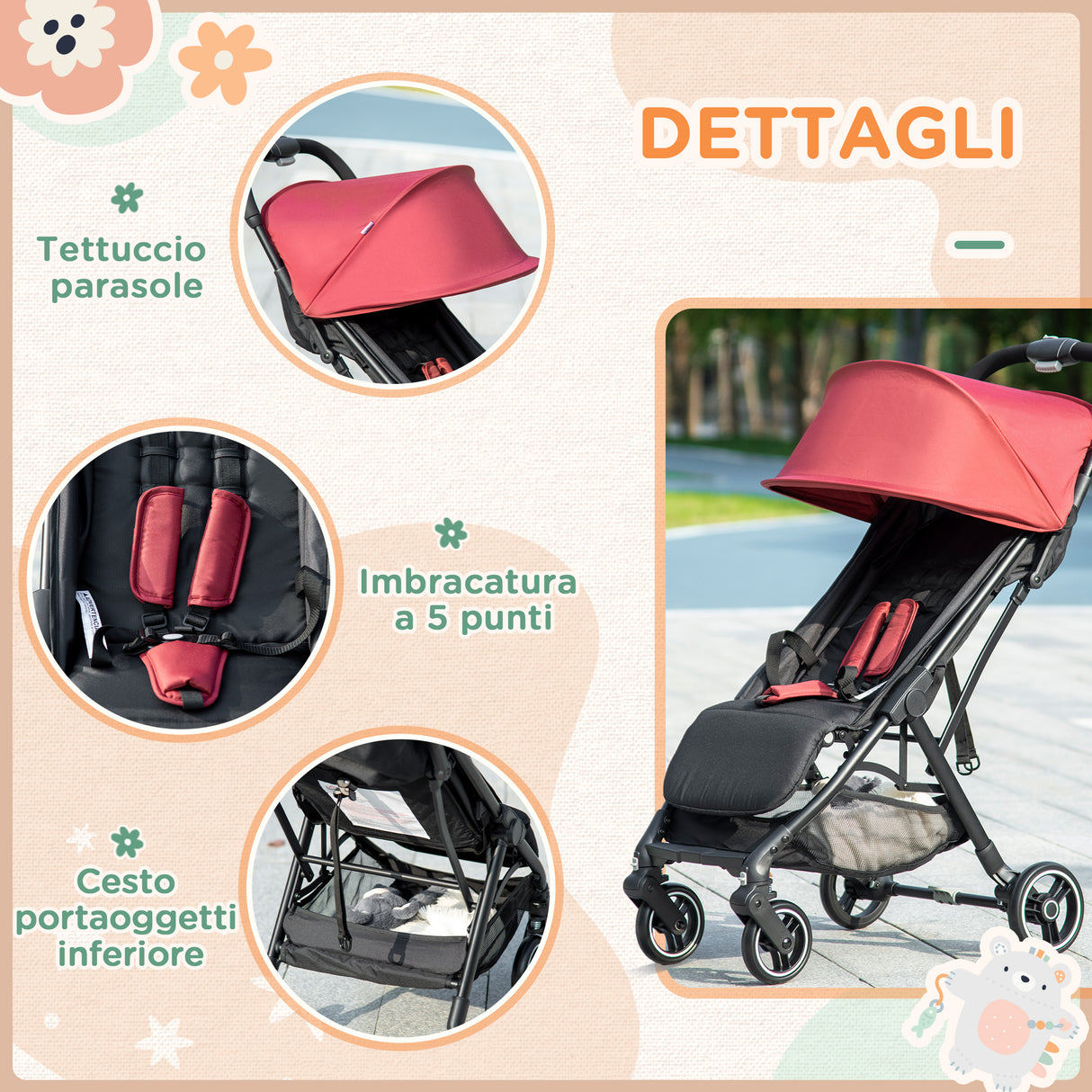 easycomfort easycomfort passeggino per bambini 0 36 mesi con tettuccio design pieghevole e cesto portaoggetti 128x58x106 cm rosso e nero