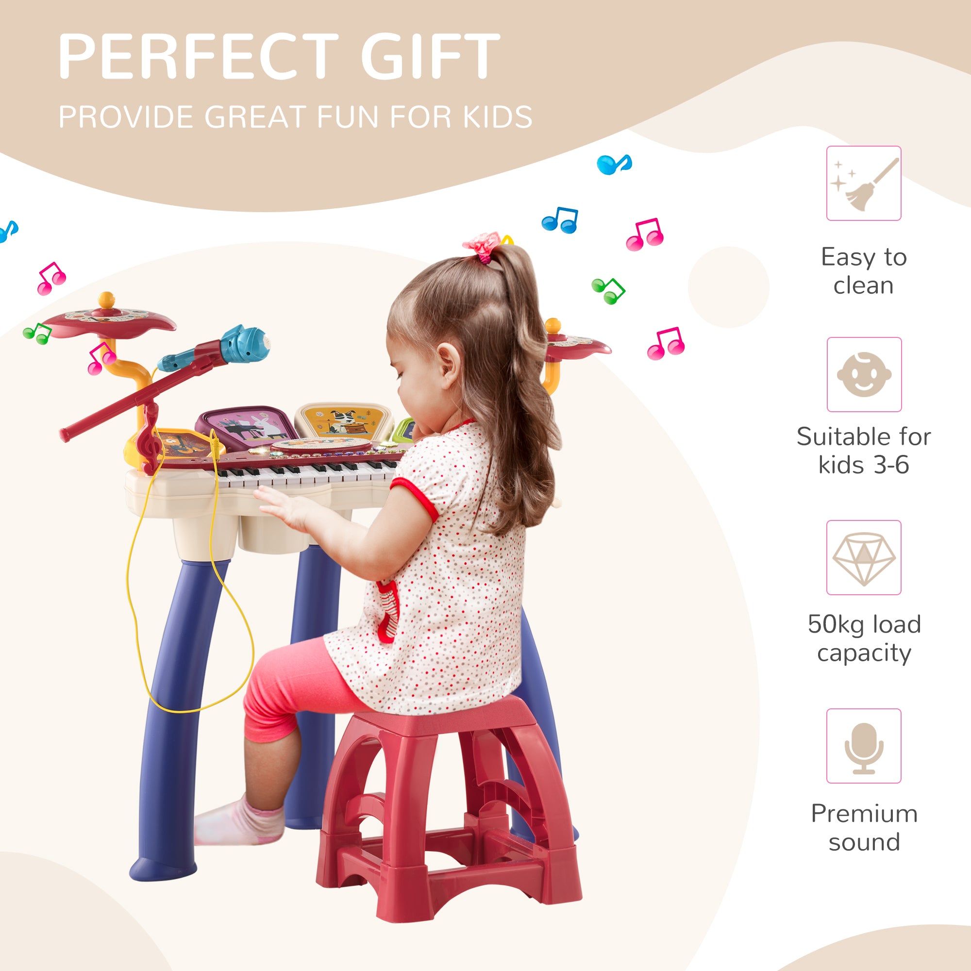 EASYCOMFORT Pianola per Bambini 3-6 Anni con Sgabello, Microfono, Tamburo e  Bacchette, in PP e ABS, 74x32.2x71 cm