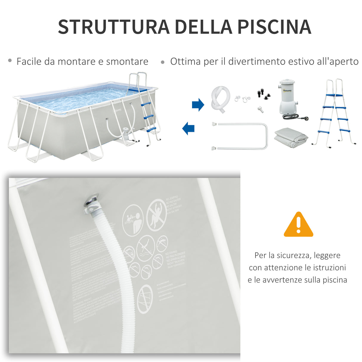 easycomfort easycomfort piscina fuori terra rettangolare con pompa filtro a nanosfere e scaletta incluse 440x240x122cm grigia