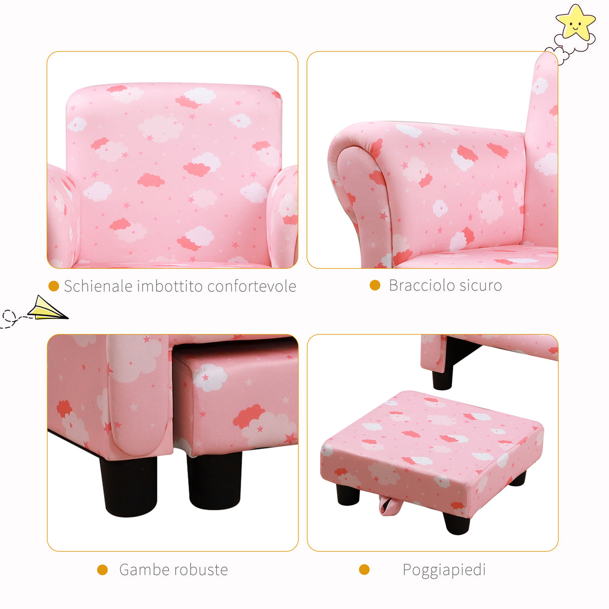 easycomfort easycomfort poltroncina per bambini con poggiapiedi estraibile struttura in legno con imbottitura 57x42x45cm rosa e bianco