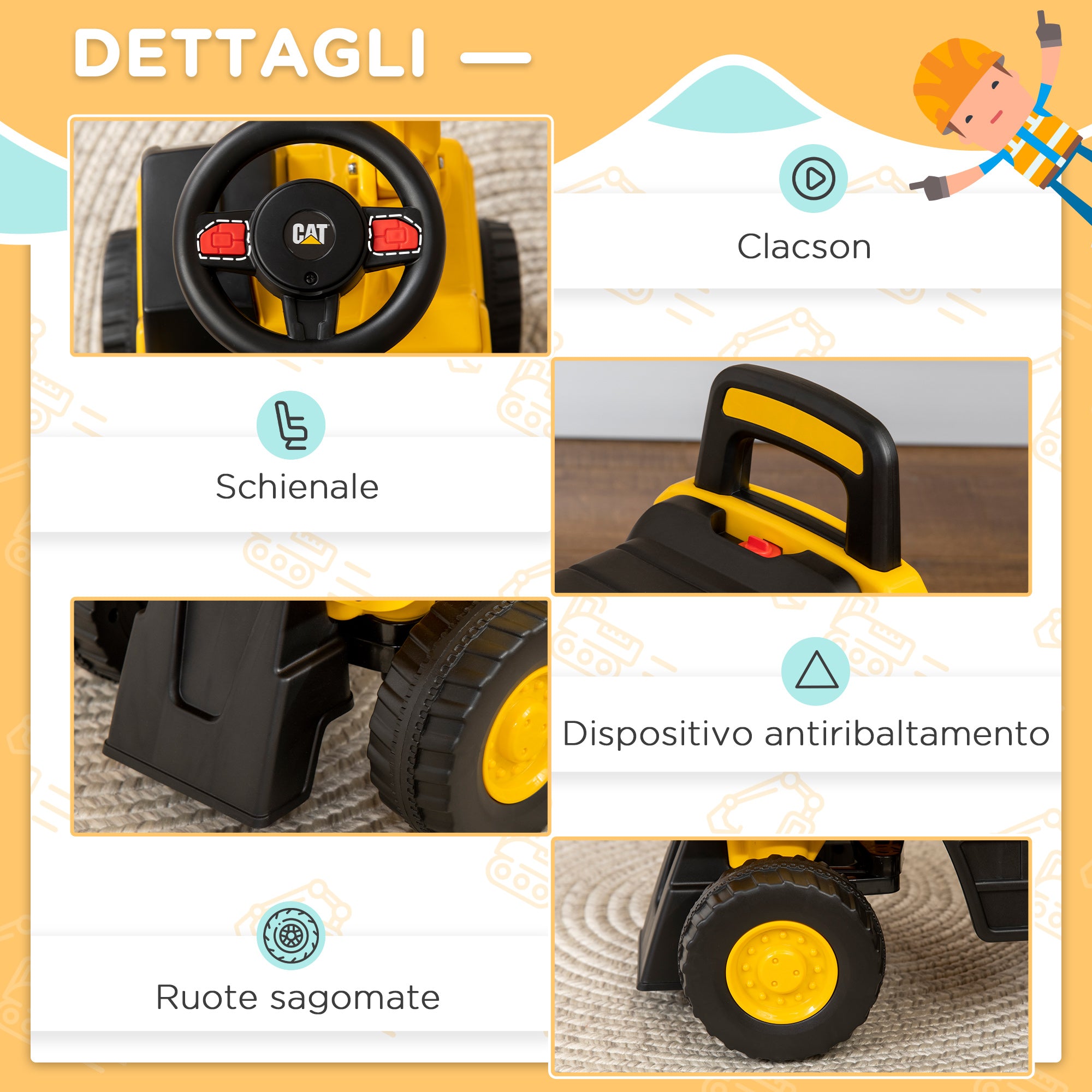 EASYCOMFORT Ruspa Giocattolo per Bimbi da 1-3 Anni con Escavatore e  Contenitore, Senza Batteria, Giallo