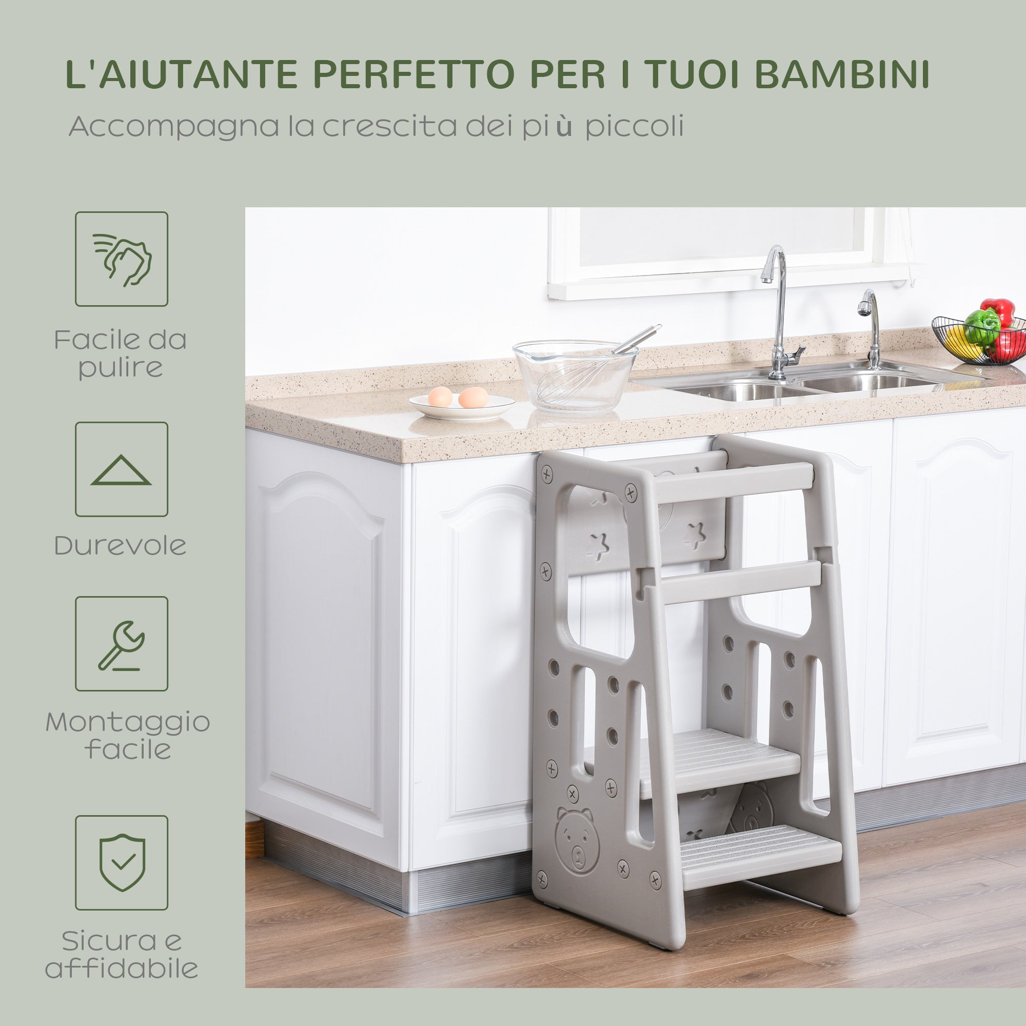 EASYCOMFORT Scaletta per Bambini Torre Montessoriana Altezza Regolabile 3  Livelli, 47x47x90cm, Grigio