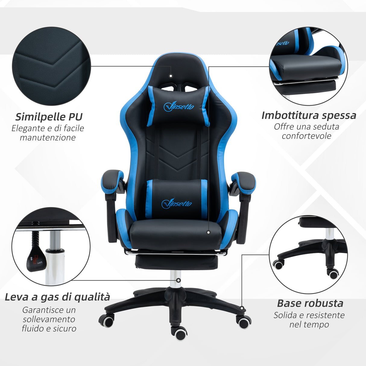 easycomfort easycomfort sedia da gaming con altezza regolabile e schienale reclinabile 65x65x121 129 cm blu e nero