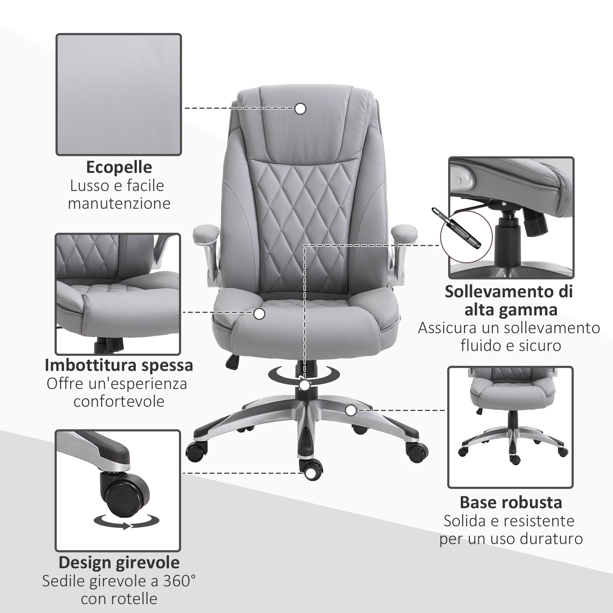 EASYCOMFORT Sedia da Ufficio Ergonomica con Altezza Regolabile, Braccioli  Ribaltabili e 5 Ruote, 67x70x114-124 cm