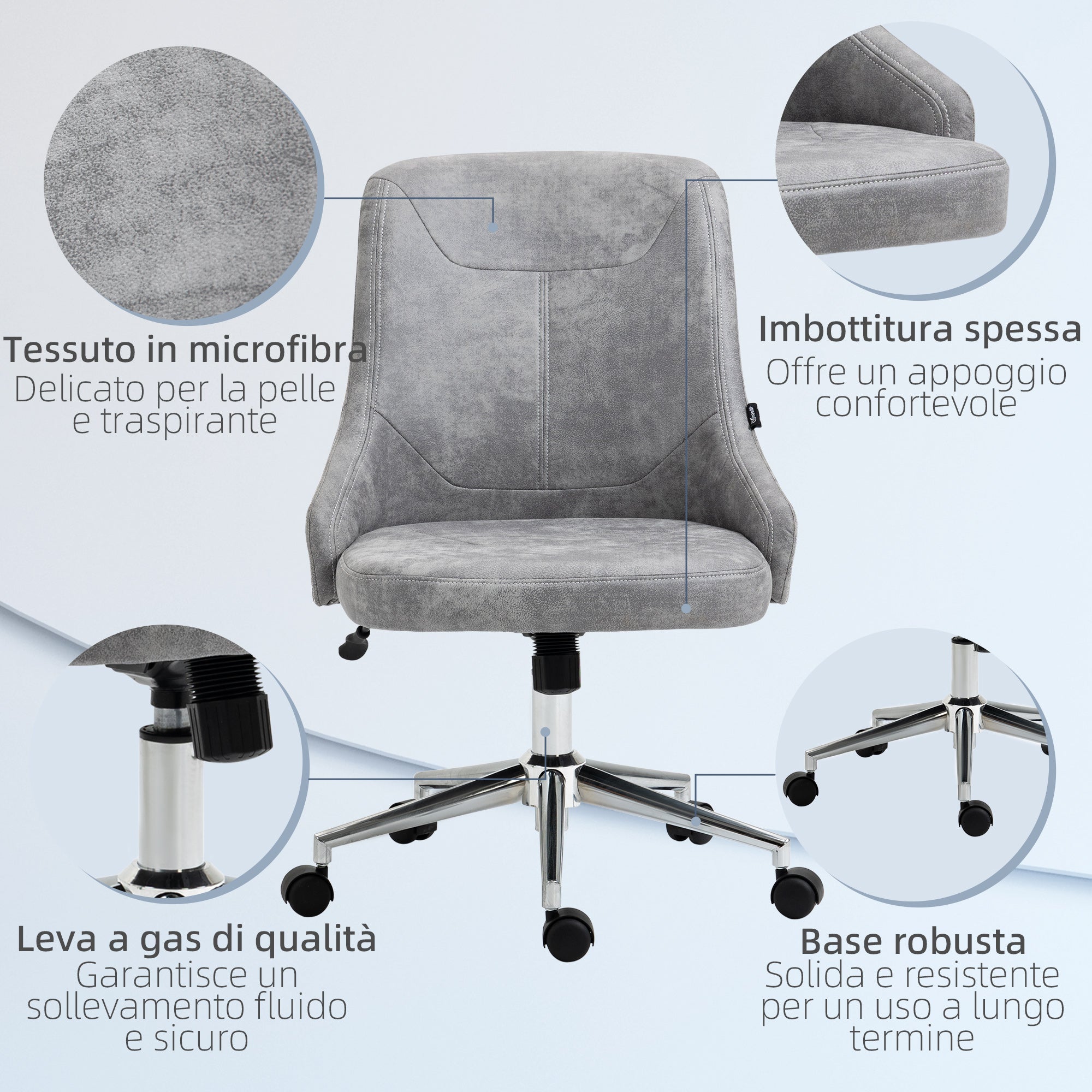 EASYCOMFORT Sedia da Ufficio Girevole Ergonomica con Ruote e Altezza  Regolabile, Rivestimento in Velluto, 63x64x88-96cm, Grigio