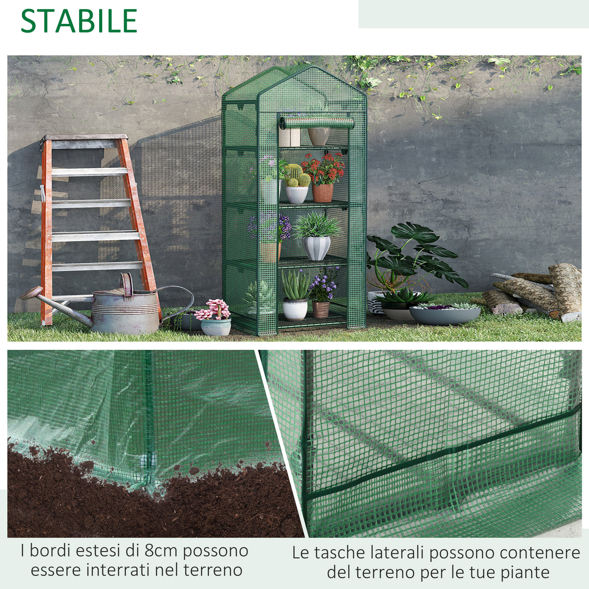 easycomfort easycomfort serra da giardino a 4 ripiani in acciaio copertura in pe e porta avvolgibile 69x49x158 cm verde