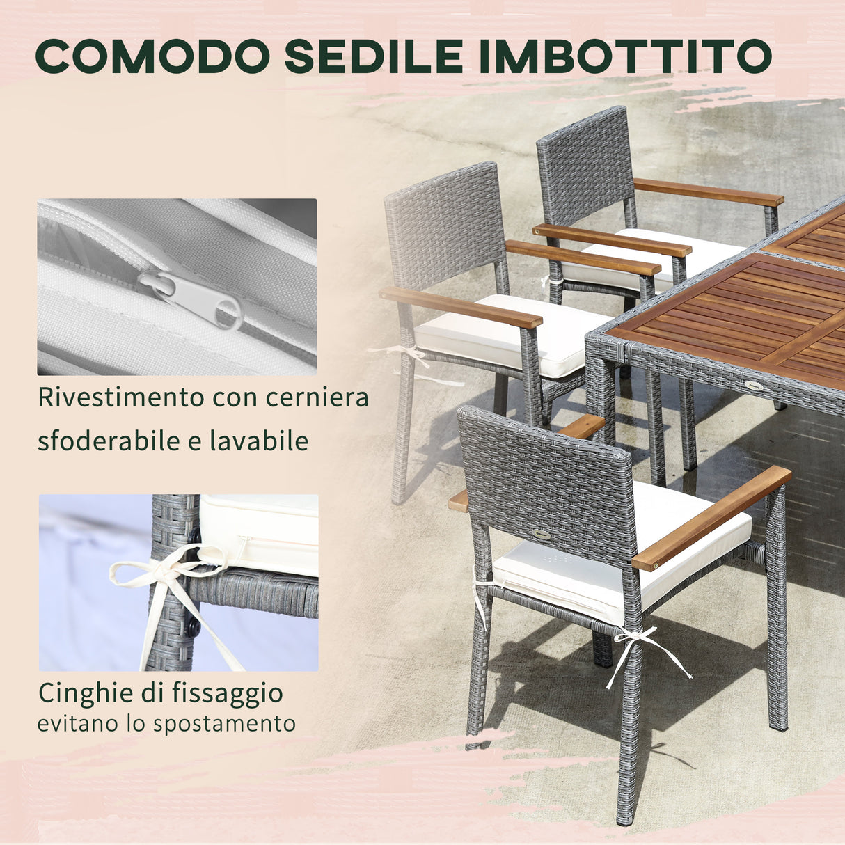 easycomfort easycomfort set da giardino 7 pezzi tavolo in acciaio e 6 sedie in legno e rattan con cuscini grigio