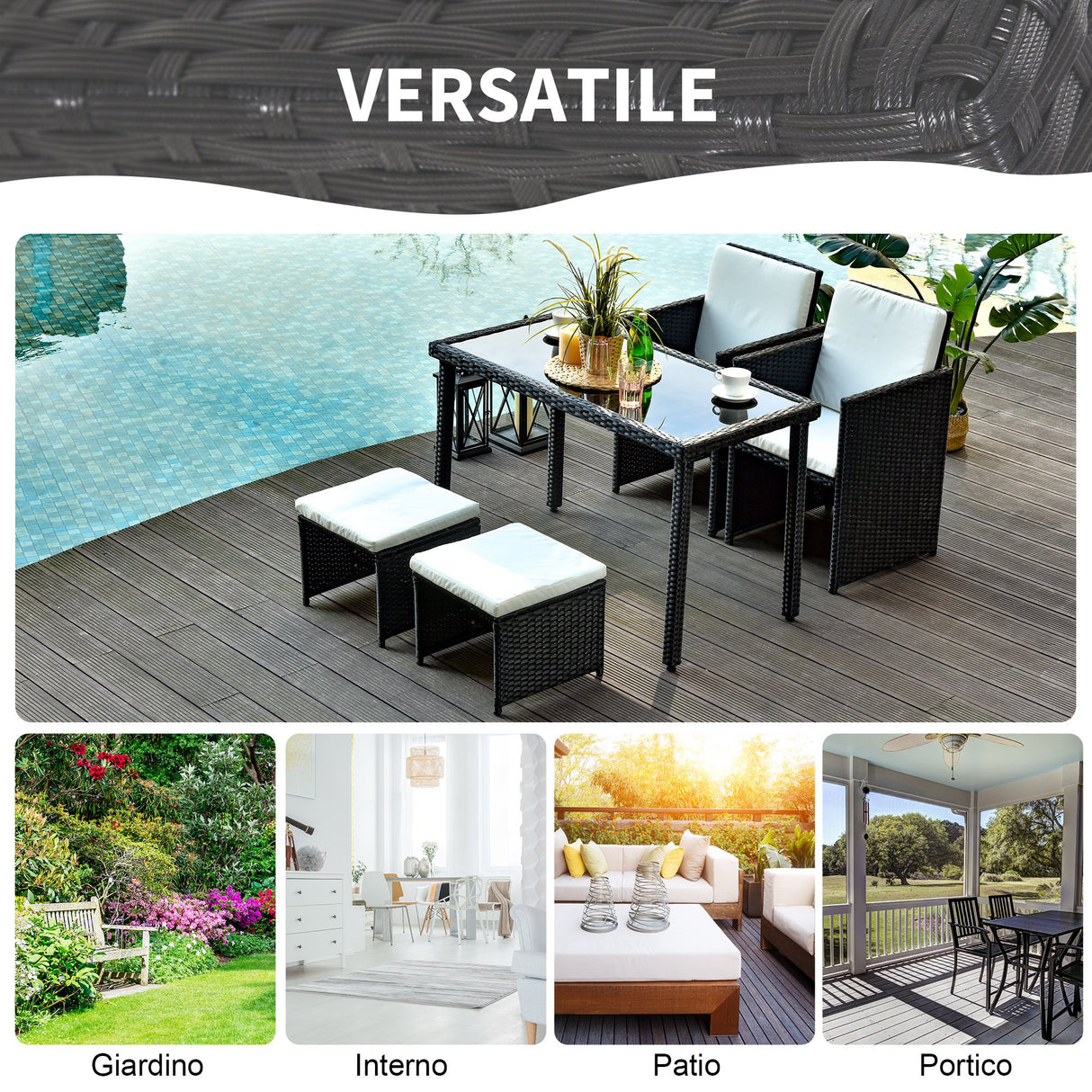 easycomfort easycomfort set mobili da giardino rattan 5 pezzi tavolo 2 sedie 2 poggiapiedi con cuscini combinabili a rettangolo nero