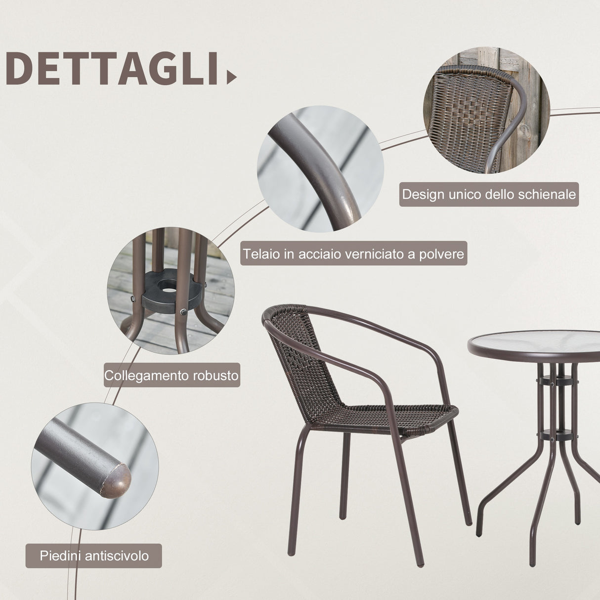 easycomfort easycomfort set tavolo in vetro e 2 sedie da giardino in acciaio e rattan pe marrone