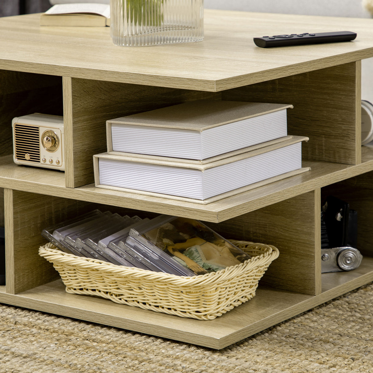 easycomfort easycomfort tavolino basso da salotto a 2 livelli in truciolato con ripiani aperti 70x70x36 5 cm color legno