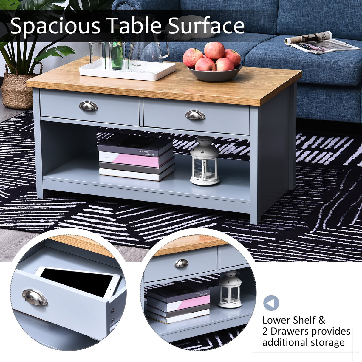 easycomfort easycomfort tavolino da caffe con maniglie 2 cassetti e 1 ripiano aperto in mdf 99x55x50 5cm