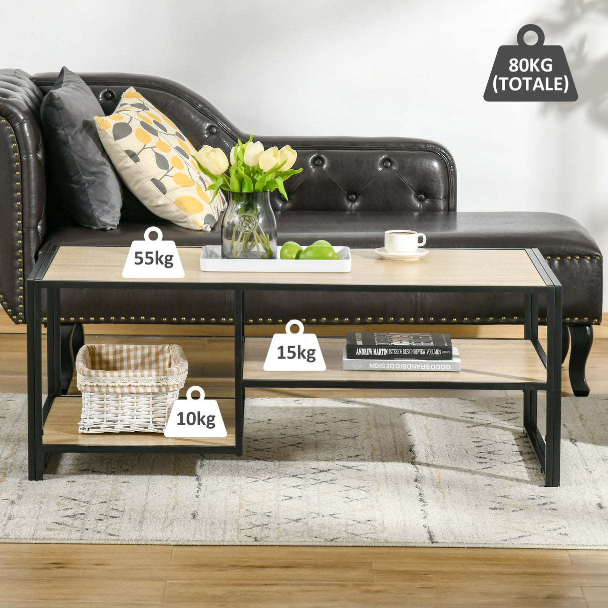 easycomfort easycomfort tavolino da caffe in stile industriale a 3 ripiani in mdf e acciaio 120x60x46cm