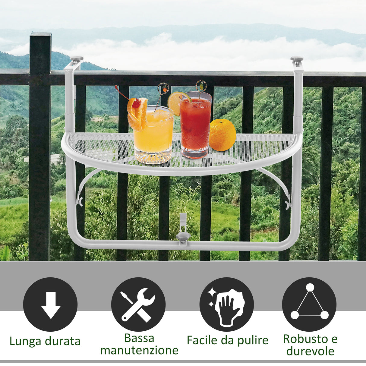 easycomfort easycomfort tavolino da ringhiera pieghevole con 3 altezze regolabili in metallo 60x45x50cm bianco