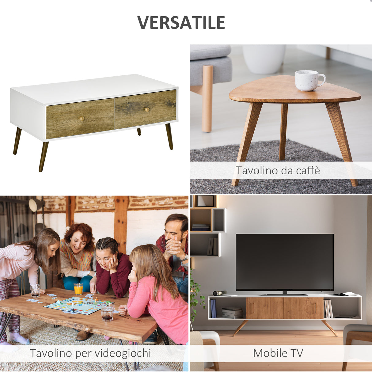 easycomfort easycomfort tavolino da salotto in stile nordico con 4 cassetti 100x53 3x45cm bianco e color legno