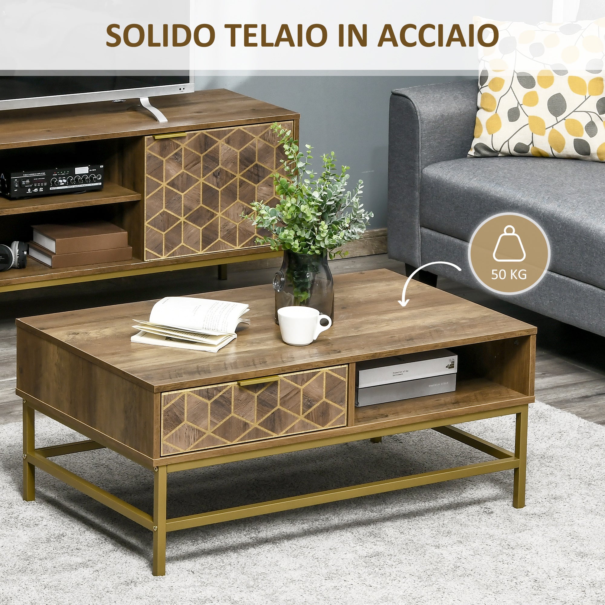 EASYCOMFORT Tavolino da Salotto Rettangolare con Cassetto e 2 Ripiani  Aperti, 100x59x42.8cm