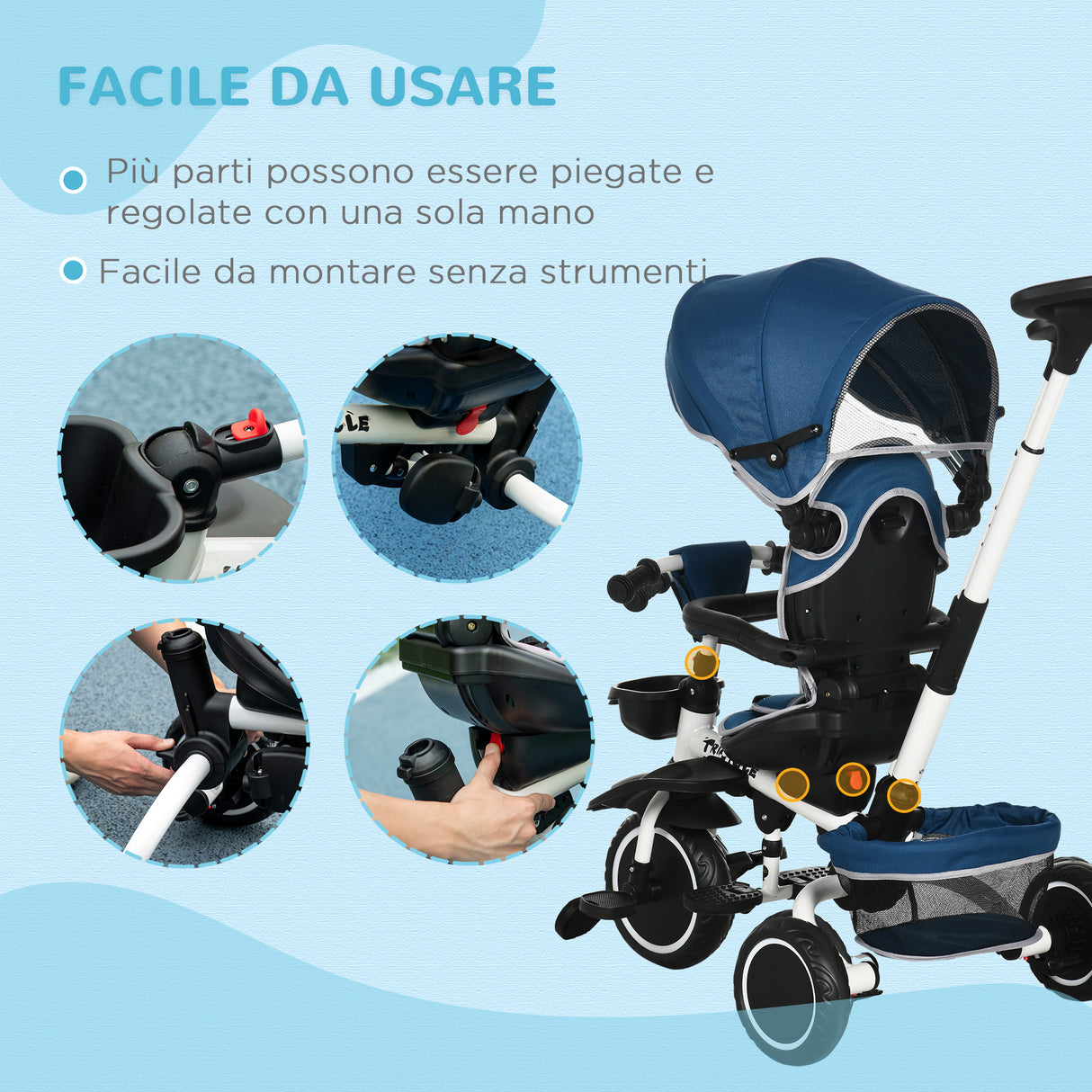 easycomfort easycomfort triciclo per bambini 12 50 mesi con maniglia di spinta tettuccio e poggiapiedi 110x58x100 cm blu e bianco